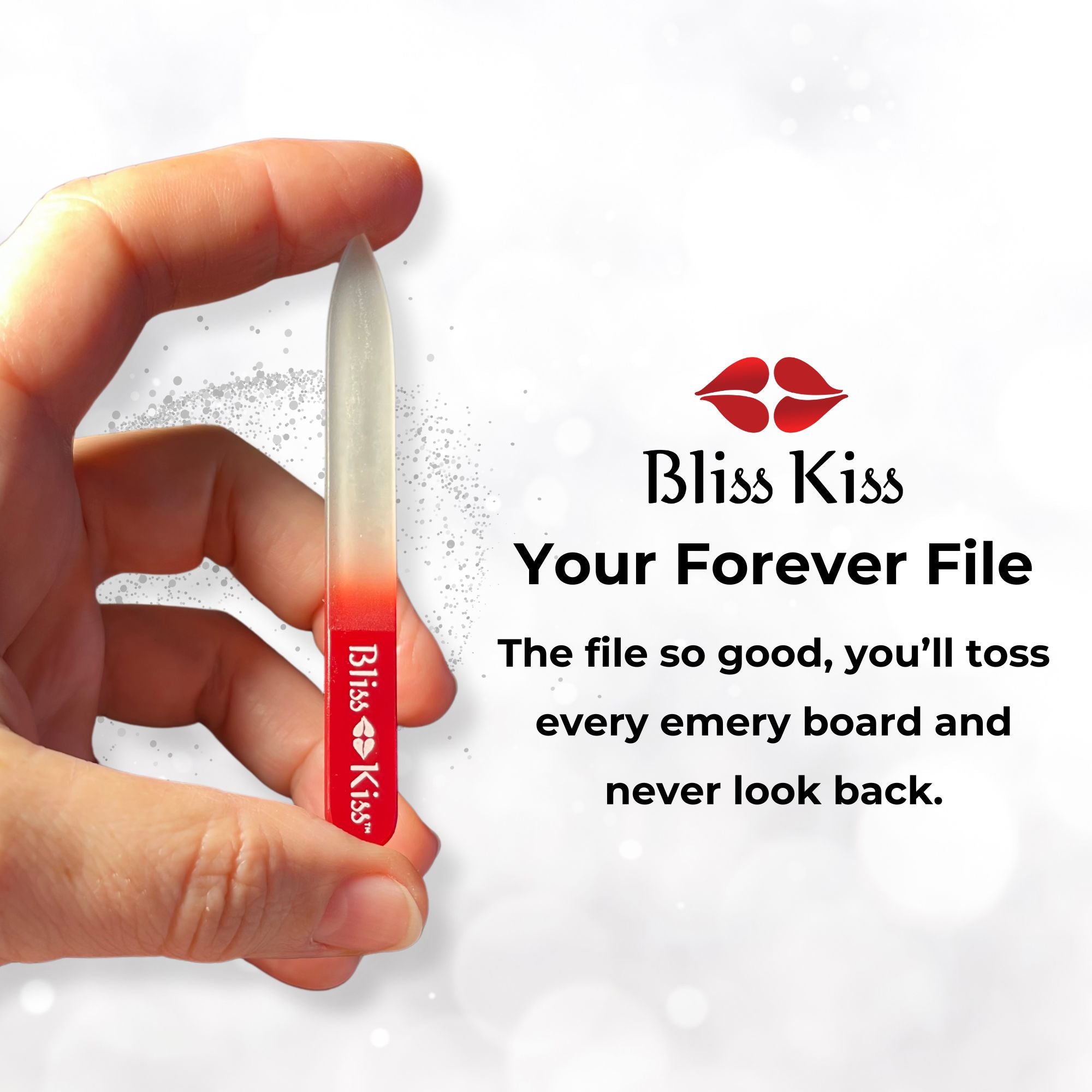 Bliss Kiss Your Forever File
The file so good, you'll toss every emery board and never look back.
The image shows a hand holding a bliss kiss nail file.
