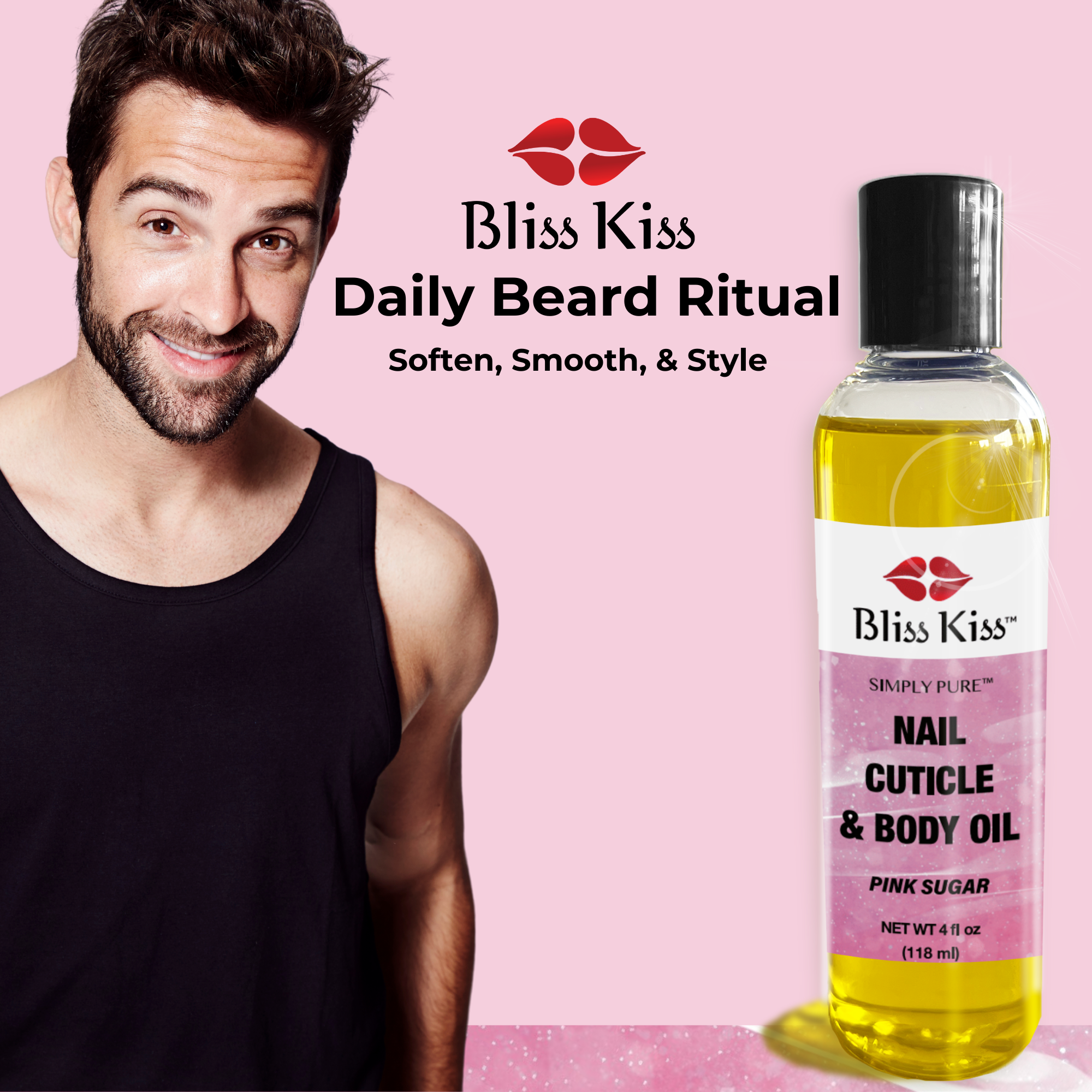 Bliss Kiss Daily Beard Ritual
soften, smooth, and style.
image shows a man with a well groomed beard and a soft smile. hes wearing a brown tank top.
Next to him theirs a bottle of Bliss Kiss simply pure nail cuticle and body oil in the pink sugar scent.