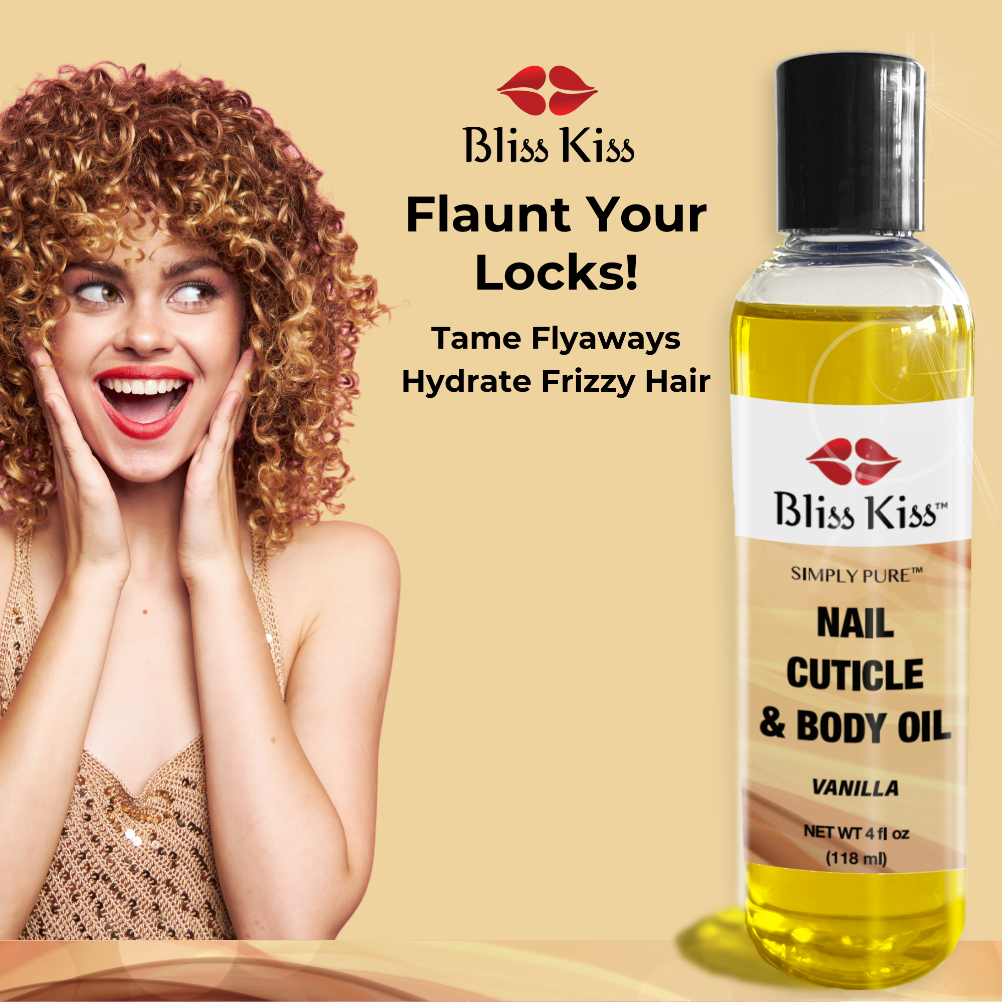 Bliss Kiss Flaunt Your Locks!
tame flyaways hydrate frizzy hair
Image shows a woman with a cheerful expression. she's smiling and softly clasping her face. she has red lipstick and a gold beaded dress.
Bliss Kiss simply pure nail cuticle and body oil in the vanilla scent.