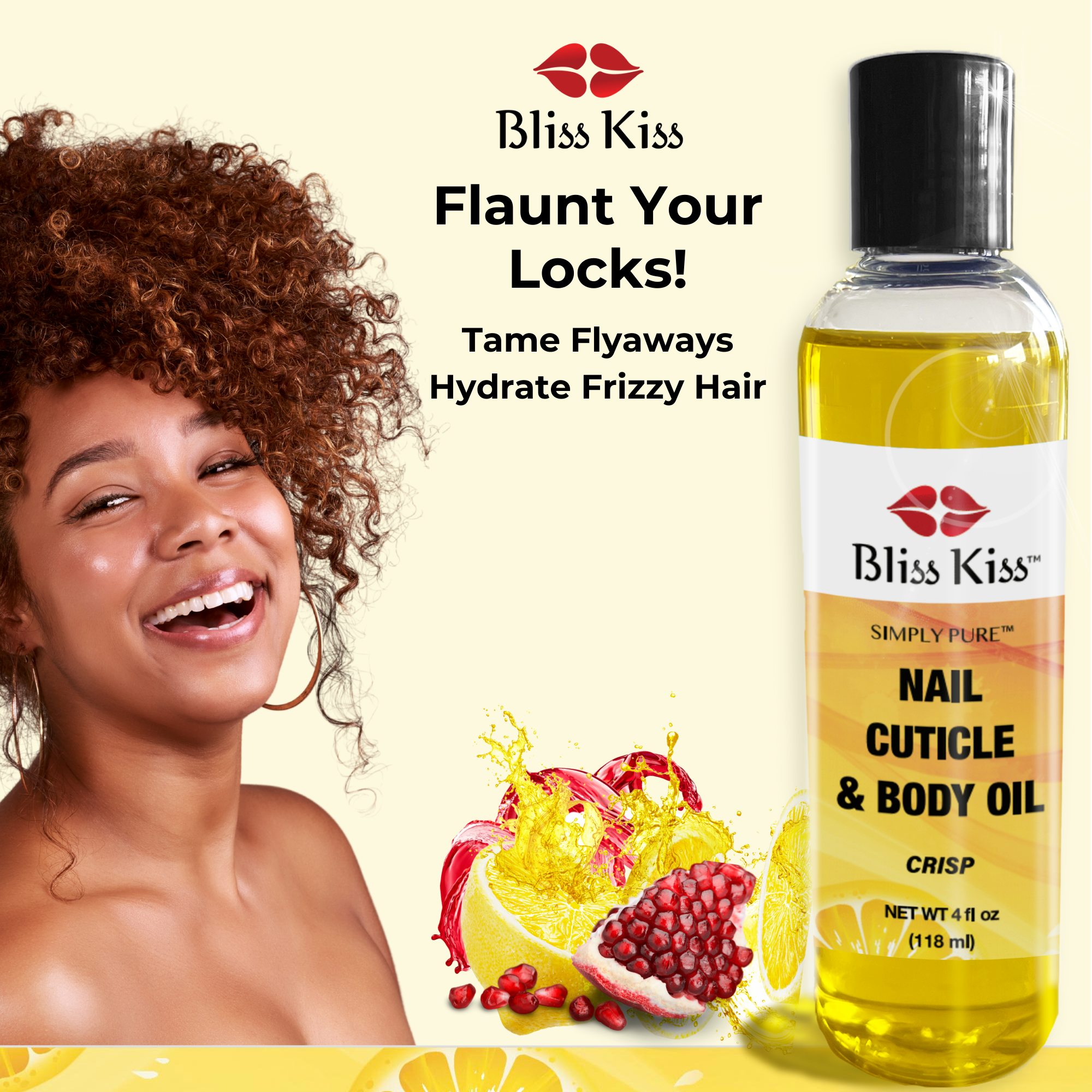Bliss Kill Flaunt your locks!
Tame flyaways hydrate frizzy hair.
It shows a woman smiling with a joyful expression. she has beautiful curly hair styled in a side facing afro. beside her is a bottle of Bliss Kiss simply pure nail cuticle and body oil in the crisp scent.