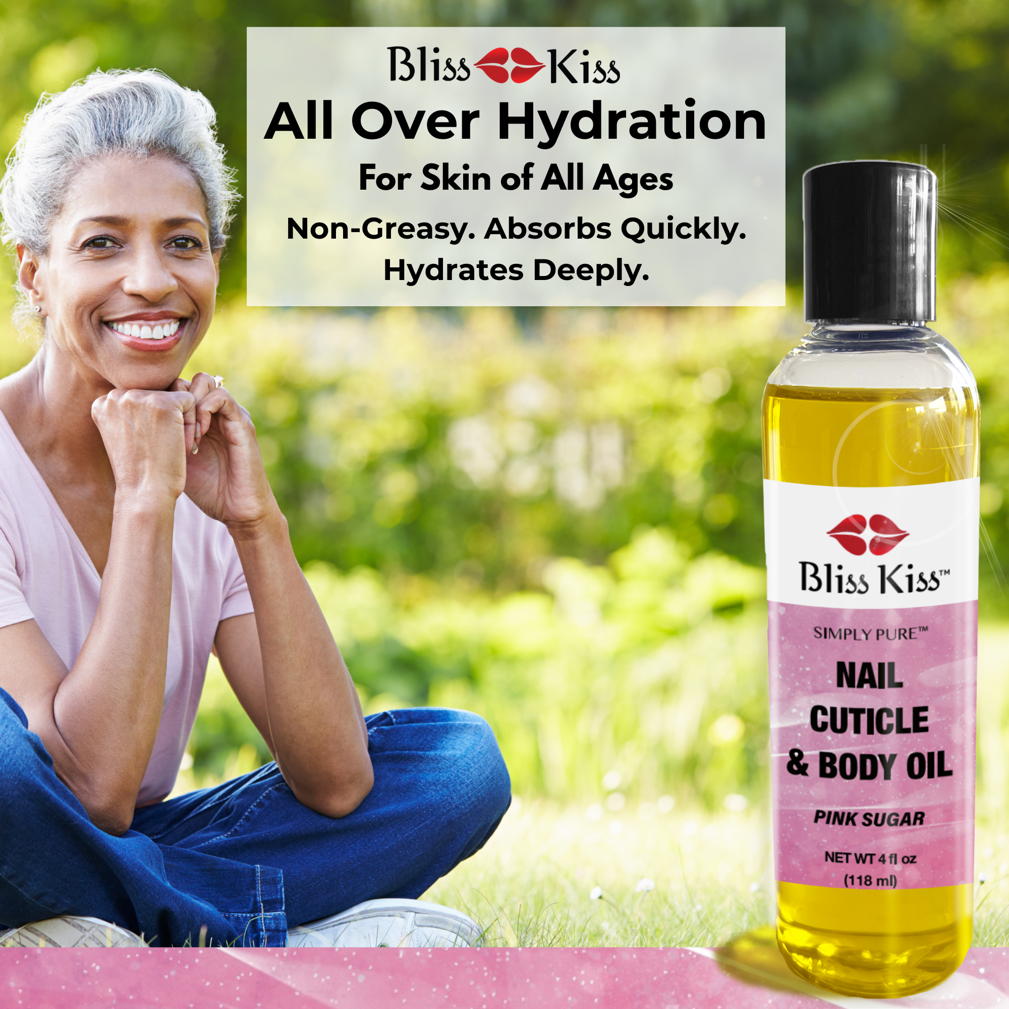 BlissKiss all over hydration for skil of all ages.
non- greasy. absorbs quickly. hydrates deeply.
Image shows a woman who happily sits in a grassy field. shown is a large bottle of Bliss Kiss simply pure nail cuticle and body oil in a pink sugar scent.