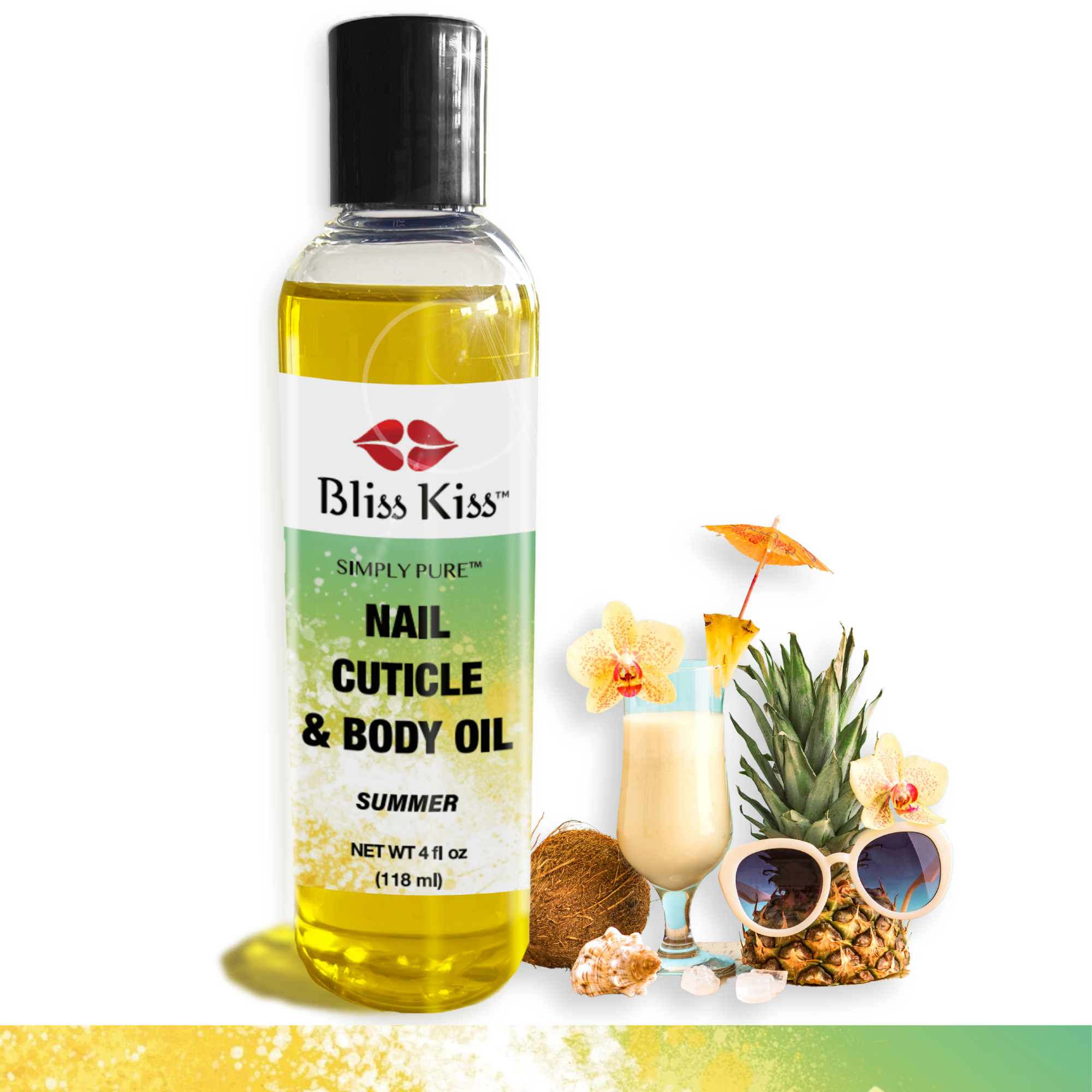 Image shows a bottle of Bliss Kiss simply pure nail cuticle and body oil in the summer scent
4 fl oz (118 ml)
beside it is a pina colada and a pineapple wearing sunglasses. summery and fresh.