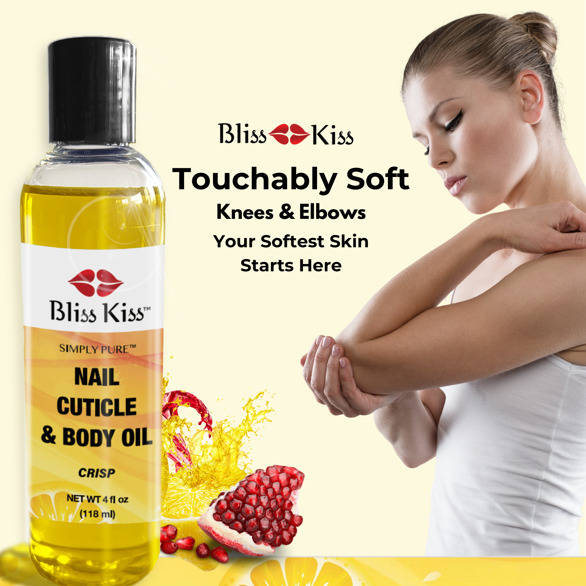 Bliss Kiss touch-ably soft
Knees and Elbows
Your softest skin starts here.
image shows a woman on the right. she has well nourished and hydrated skin. she's rubbing her elbow.
next to her is a bottle of Bliss Kiss simply pure nail cuticle and body oil. in the crisp scent.