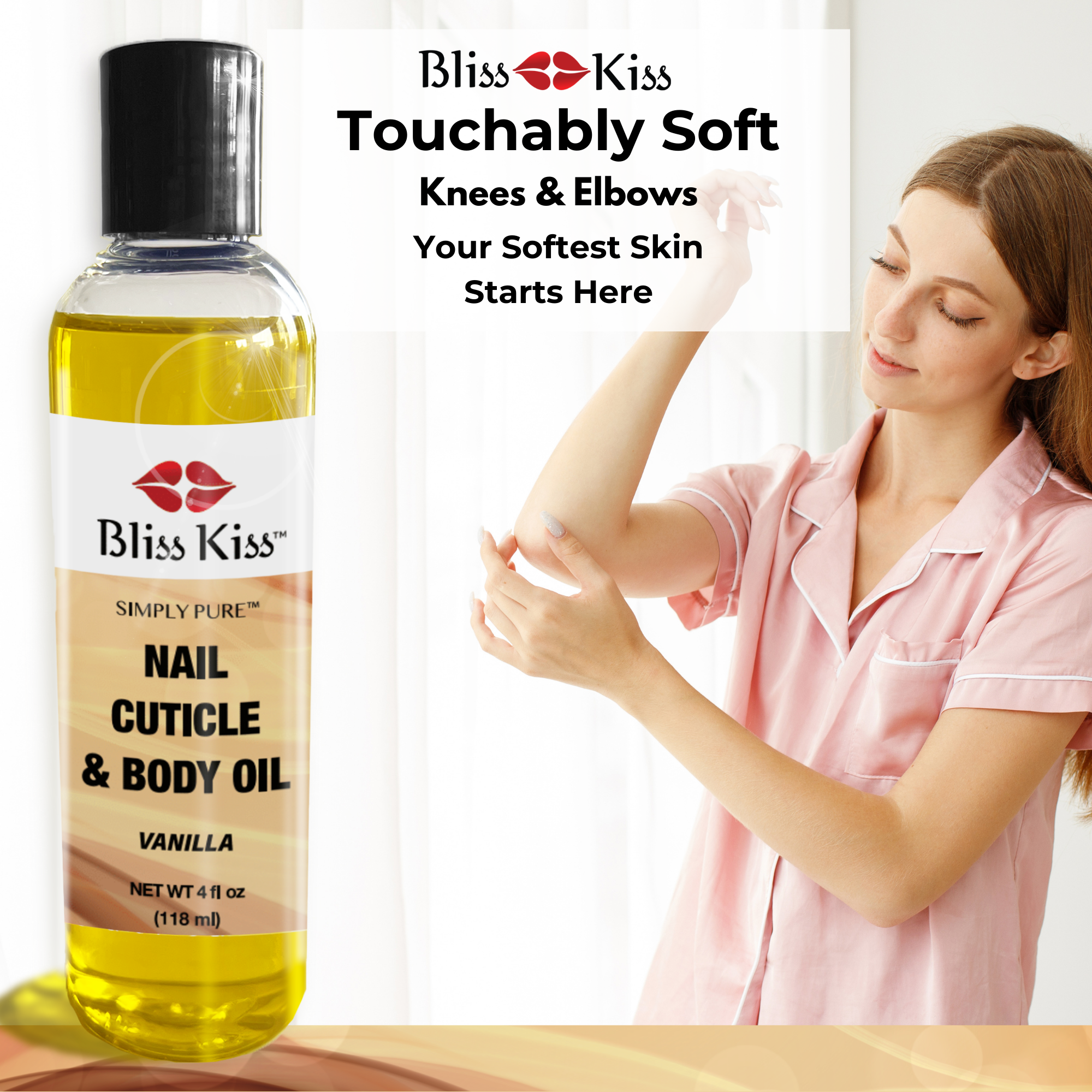 Bliss Kiss touch ably soft
knees and elbows
your softest skin
starts here
on the right shows a woman in soft pink satin pajamas. she's rubbing her elbow on her arm that is silky soft
the image shows on the left a bottle of
Bliss Kiss simply pure
Nail cuticle and body oil in the vanilla scent.
