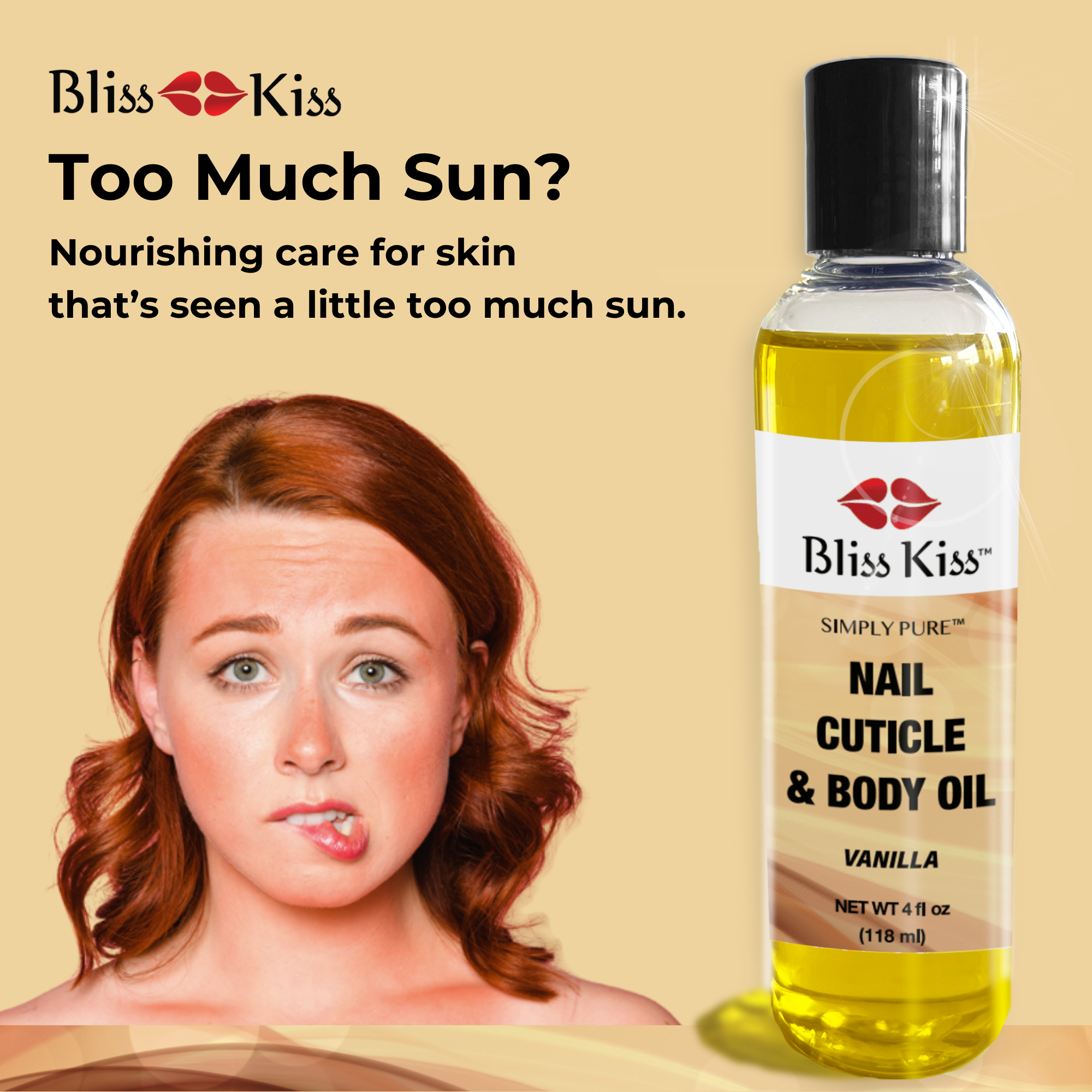 BlissKiss
Too much sun?
Nourishing care for skin thats seen a little too much sun.
image shows a woman with red hair and freckles. she bites her lip nervously as her skin appears red and irritated.
next to a bottle of Bliss Kiss simply pure nail cuticle and body oil in the vanilla scent.