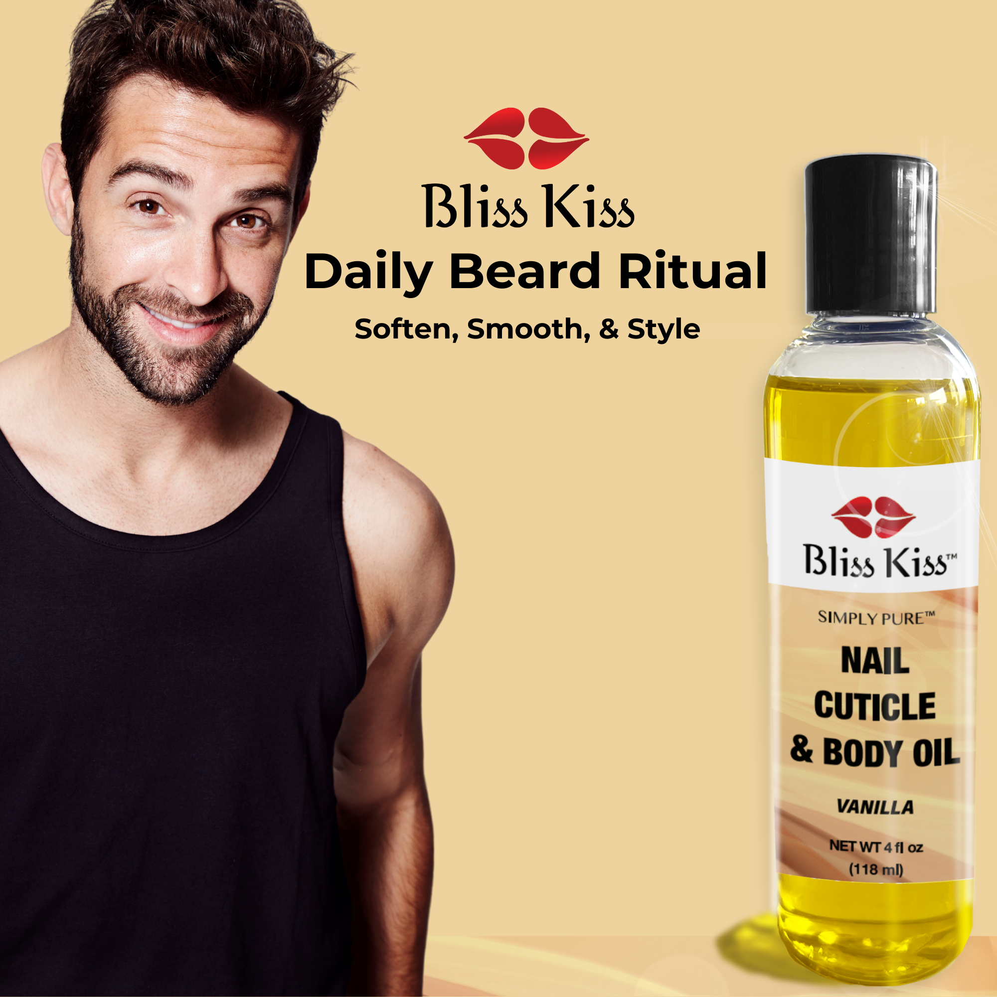 Bliss Kiss Daily Beard Ritual
soften, smooth, and style.
image shows a man with a well groomed beard and a soft smile. hes wearing a brown tank top.
Next to him theirs a bottle of Bliss Kiss simply pure nail cuticle and body oil in the vanilla scent.