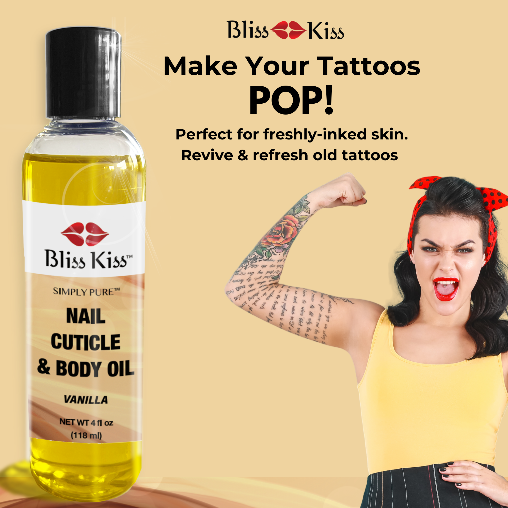 Bliss Kiss Make your tattoos POP!
perfect for freshly inked skin.
Revive and refresh old tattoos.
image shows a woman in the "Rosie the riveter" pose with a red and black polka dot headscarf. she cheering and showing her arm sleeve of tattoos. including a color tattoo of a rose.
next to her is a bottle of Bliss Kiss nail cuticle and body oil in the vanilla scent.