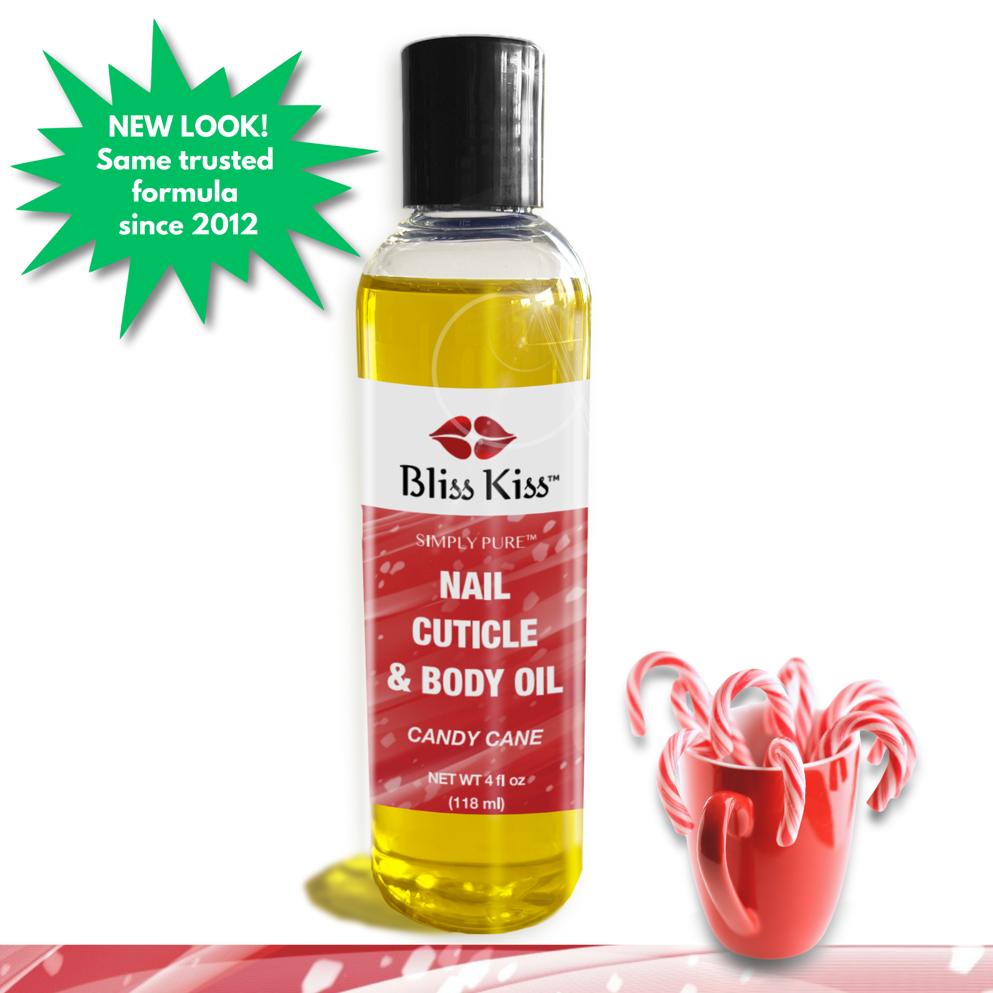 Image shows a Bottle of Bliss kiss Nail cuticle and body oil in the candy cane scent. Next to the bottle is a Mug of delightful red and white candy canes. Theirs a text bubble that says "NEW LOOK! same trusted formula since 2012"