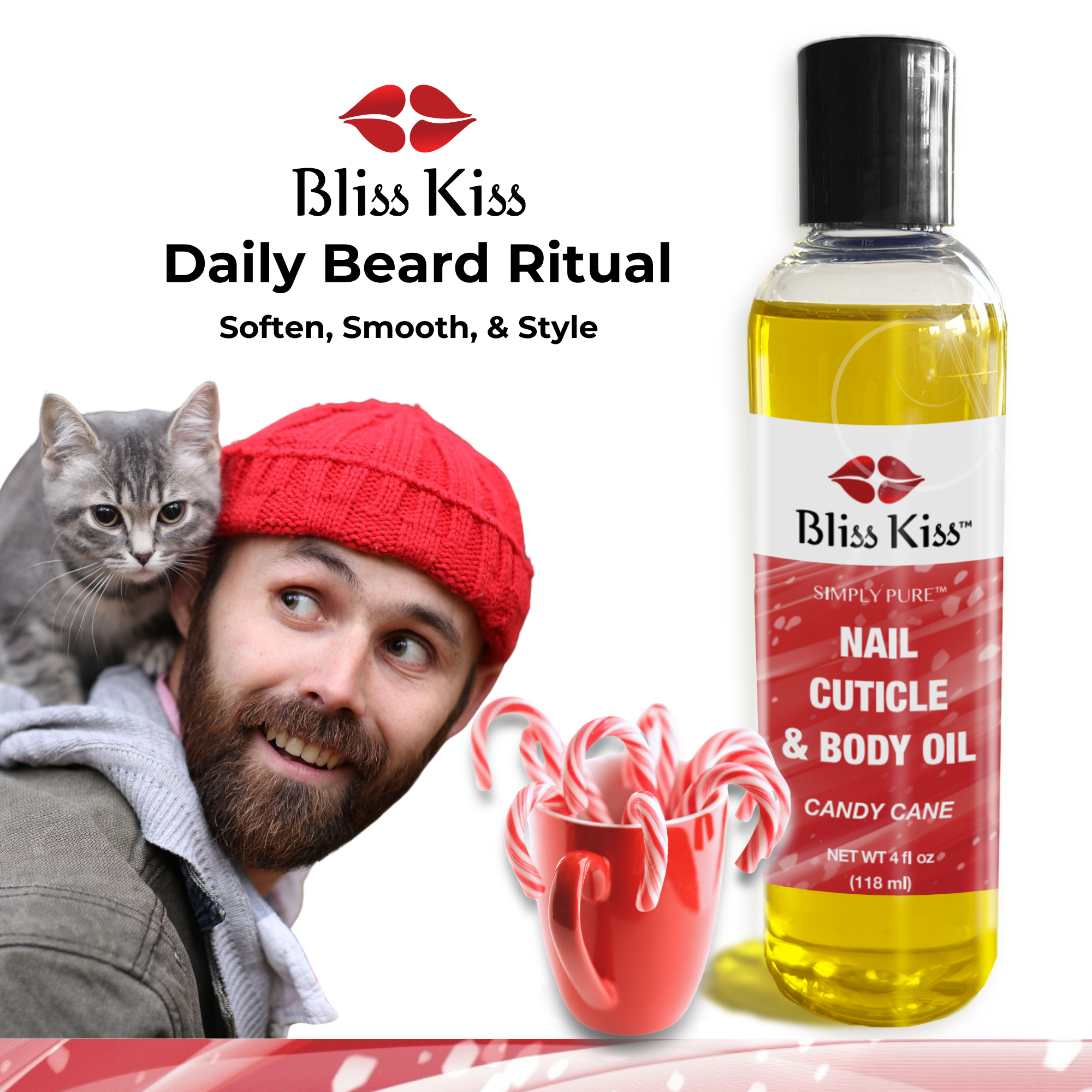 Bliss Kiss Daily Beard Ritual
soften, smooth, & Style
Below is an image of a well groomed young main with a gray kitten on his back. As well as a bottle of Bliss Kiss simply pure nail cuticle and body oil in the candy can scent.
as well as a red mug containing sweet red and white candy canes.