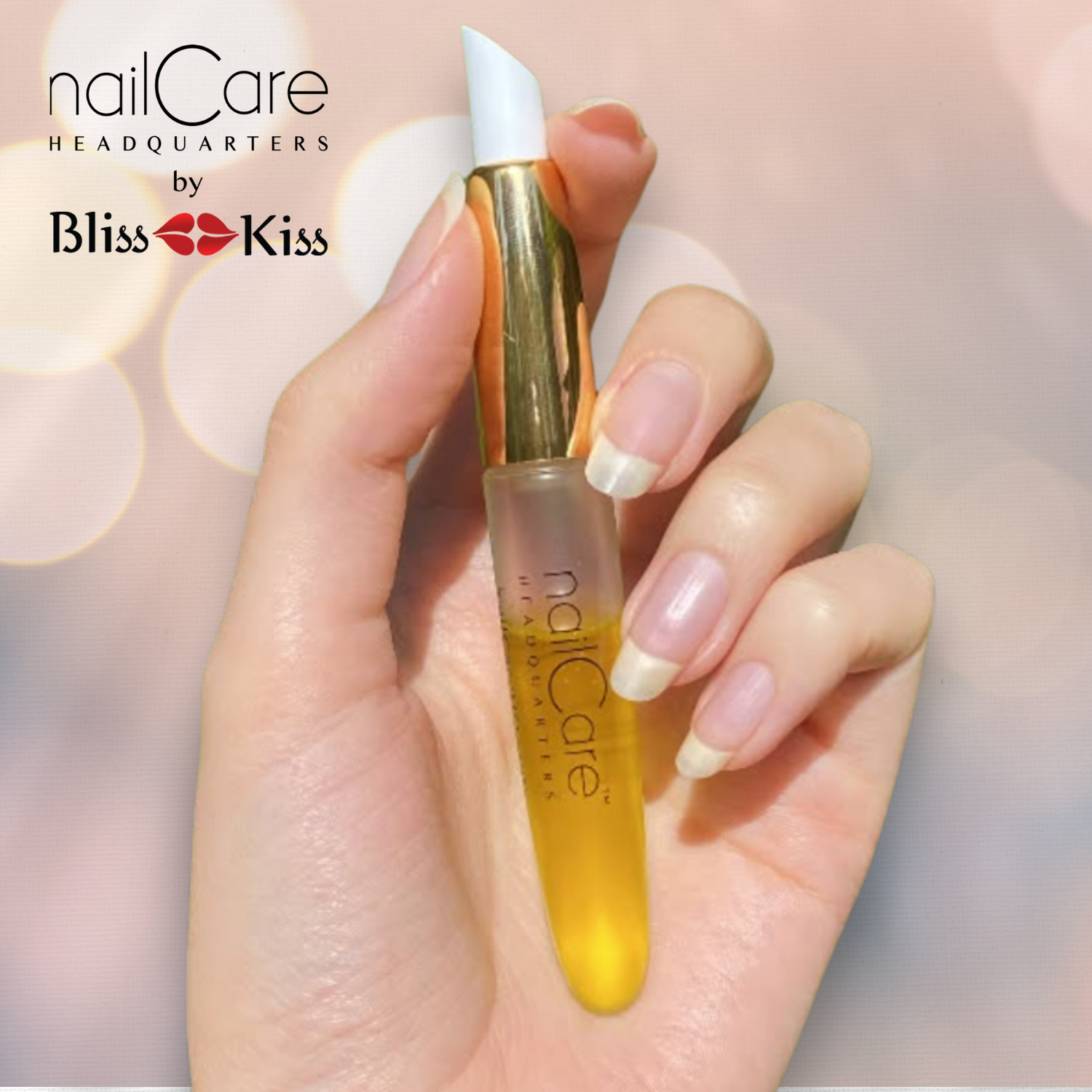 Nail Care head quarters by bliss kiss.
a delicate hand with healthy nails is softly holding a Nail and cuticle oil care pen.
Bliss Kiss Simply Pure Nail and Cuticle Oil.