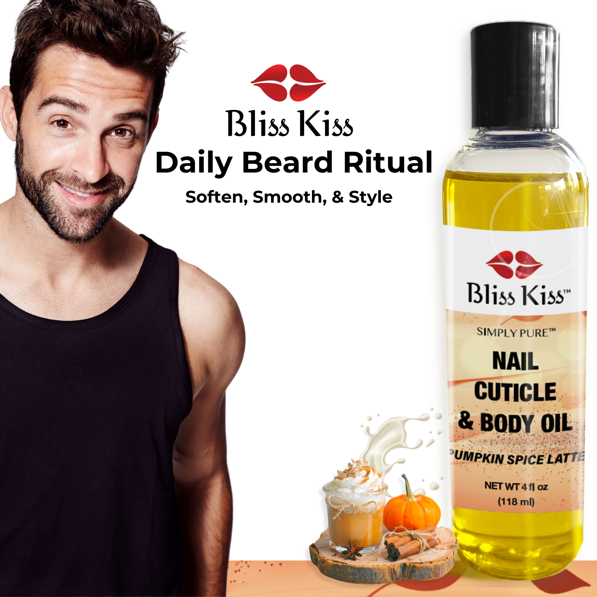 Bliss Kiss Daily beard ritual. Soften, smooth and style. Image shows a man with a well groomed appearance. beard well maintained. as well as a bottle of Bliss Kiss simply pure nail cuticle and body oil. Pumpkin space latte scent in 4 fl oz.