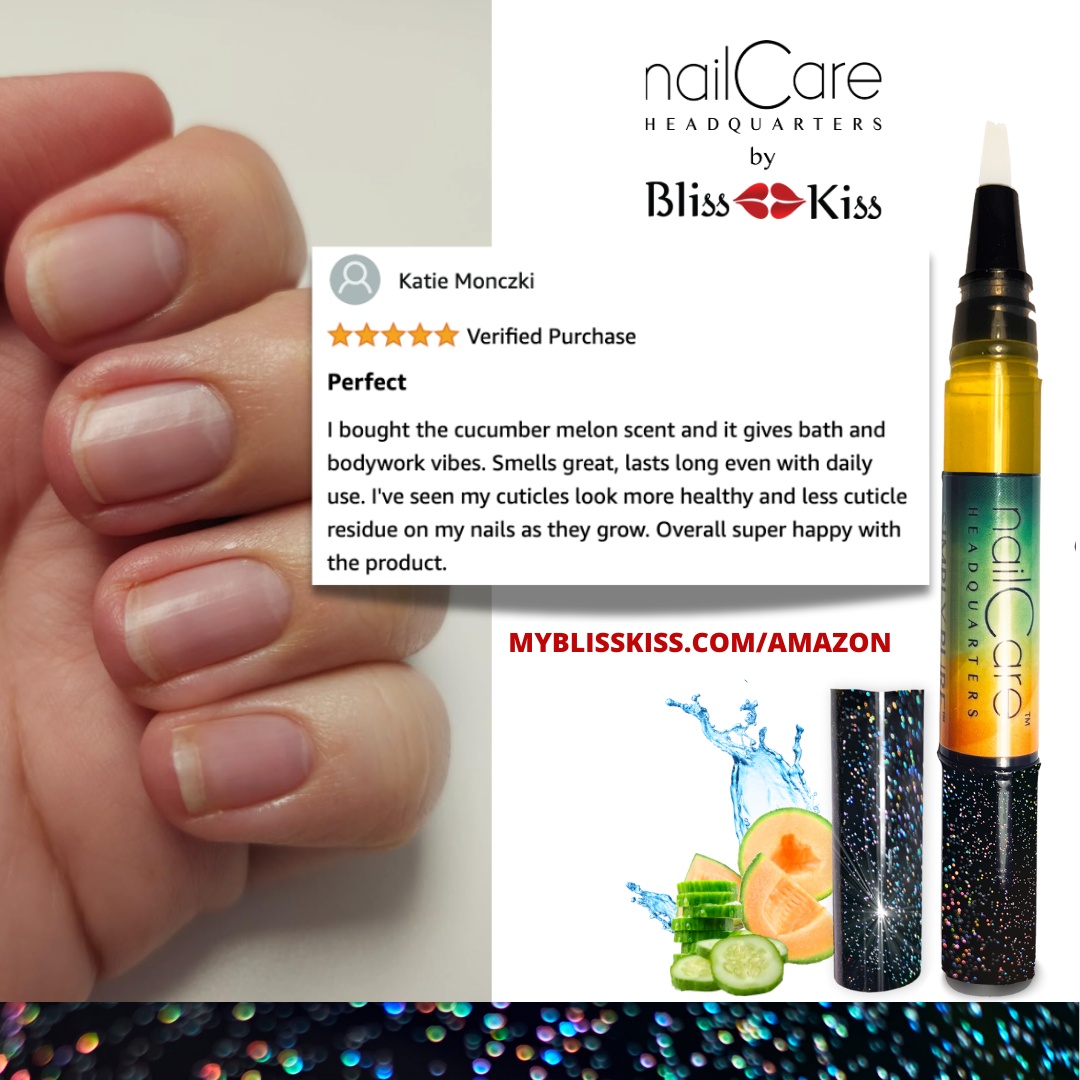 Image shows a nail care HQ pen with juicy melon and enticing cucumber. A hand with fresh nail growth is shown.
An amazon review reads:
Katie Monczki
"PERFECT I bought the cucumber melon scent and it gives bath and bodywork vibes. Smells great, lasts long eve with daily use. Ive seen my cuticles look more healthy and less cuticle residue on my nails as they grown. Overall super happy with the product."
