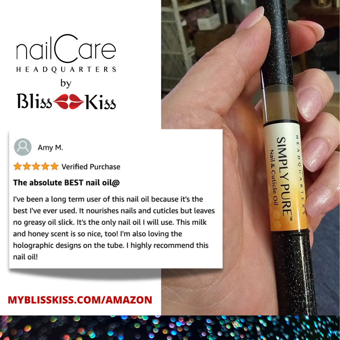 Image shows a hand with soft pink nail polish with slight glitter. Holding a simply pure nail pen. The pen has a black and glittery cap.
An amazon review reads:
Amy M.
"I've been a long term user of this nail oil because it's the best I've ever used. It nourishes nails and cuticles but leaves no greasy oil slick. It's the only nail oil I will use. This milk and honey scent is so nice too! I'm also loving the holographic designs on the tube. I highly recommend this nail oil!"