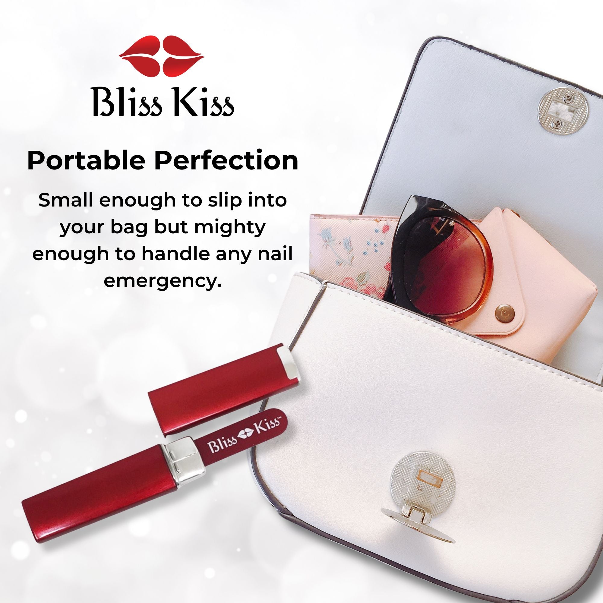 Bliss Kiss portable perfection. Small enough to slip into your bag but mighty enough to handle any nail emergency. The image shows a small travel bag with daily essentials. Wallet, sunglasses, and an easily portable bliss kiss red nano nail file.