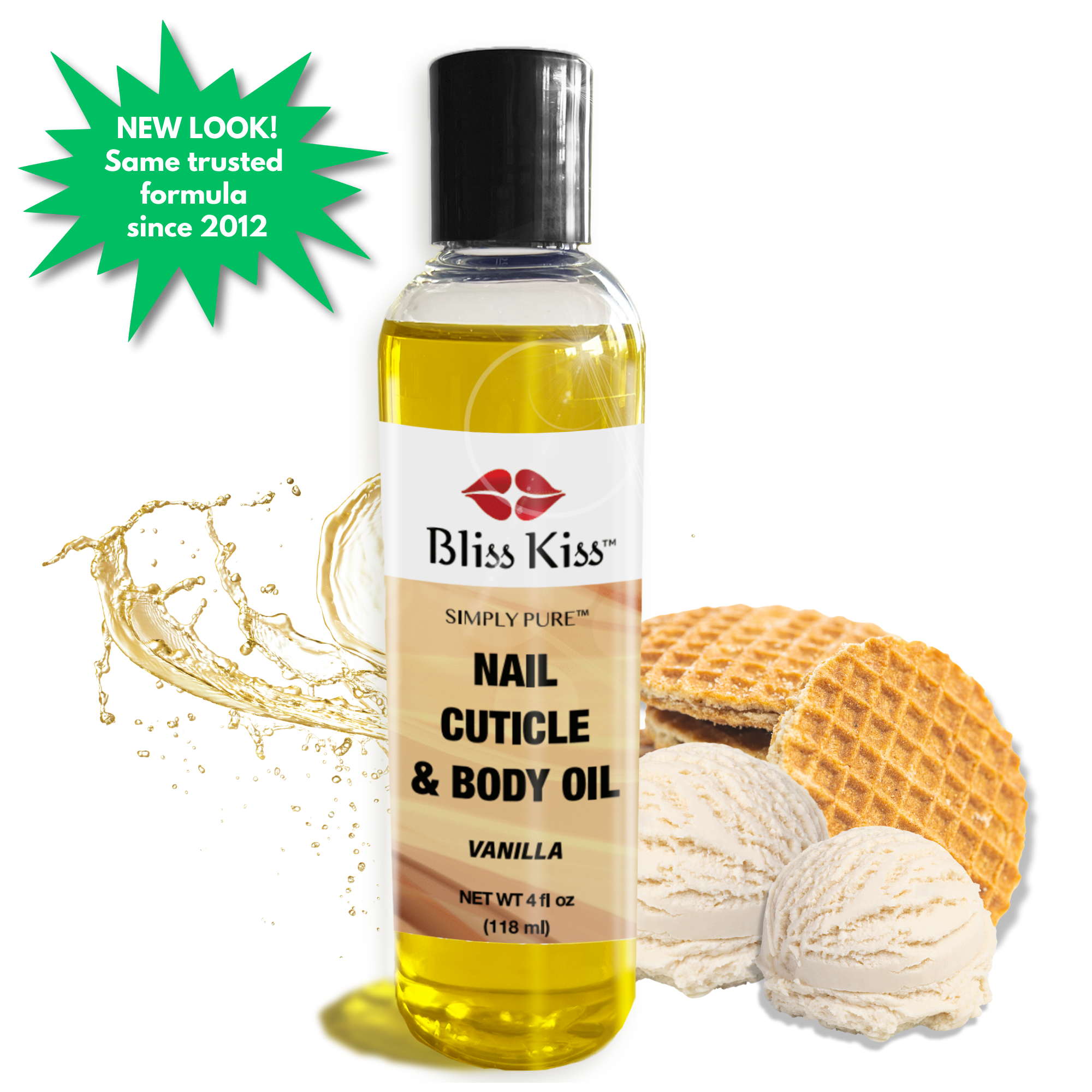 New Look! same trusted formula since 2012
Image shows a bottle of Bliss Kiss simply pure nail cuticle and body oil in the vanilla scent
4 fl oz (118 ml)
behind the bottle is two strop waffles and two fresh scoops of vanilla ice-cream. sweet and delicious