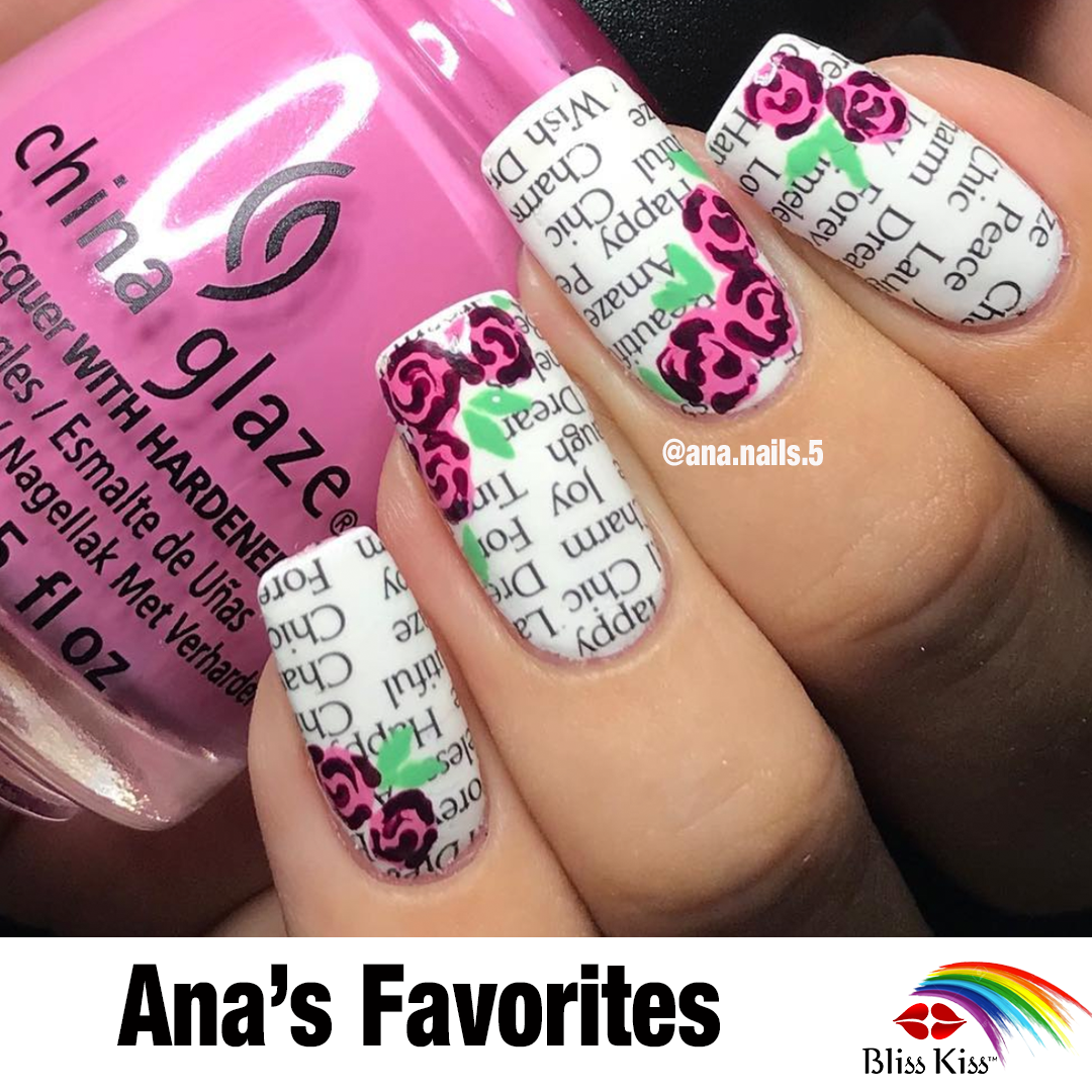 Ana's Favorites
@ ana.nails.5
Image shows artistically polished nails. the nails appear as if they had book print on them, over top is hand painted pink roses. the hand is holding nail polish that matches the color of the base of the roses.