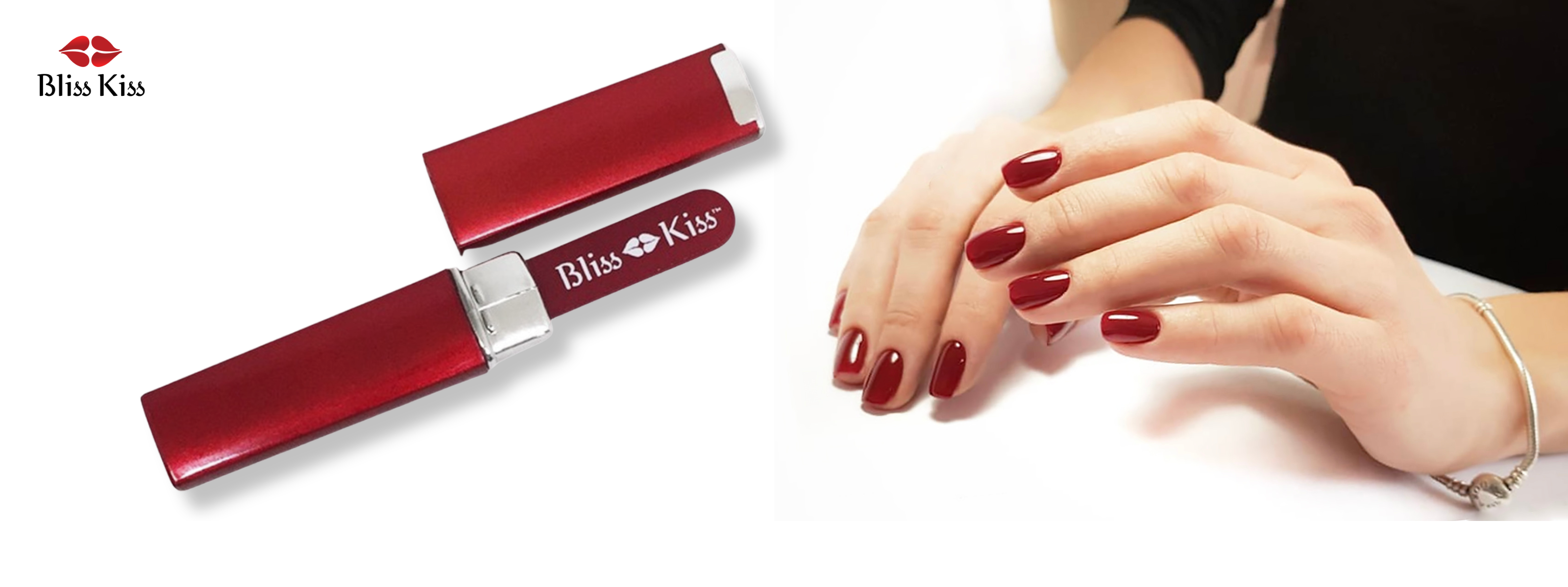 Image shows a pair of neat and elegant hands. nails painted red. beside it is a Bliss Kiss red nail file.
Nail Crystal Files for Natural Nails.