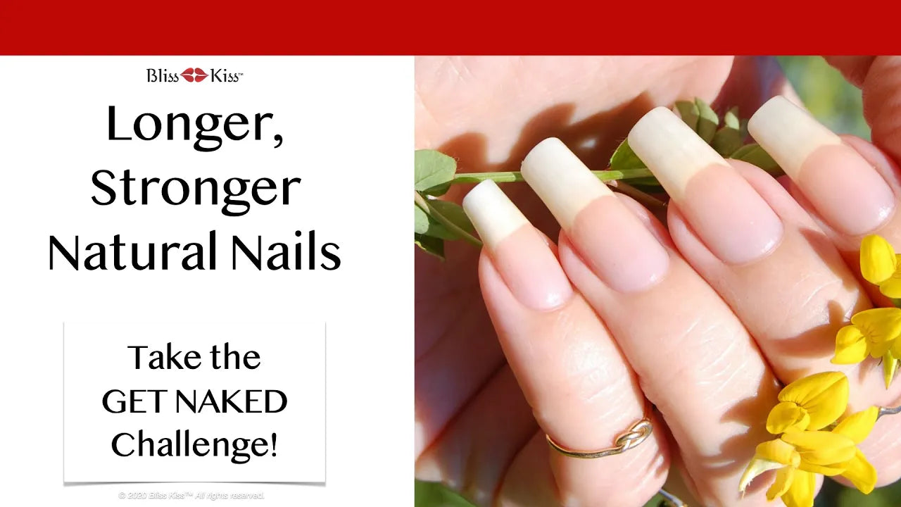 Longer, Stronger, Natural Nails. Take the GET NAKED Challenge! Image shows a set of healthy and long nails. The hand is holding a stem of lovely natural yellow flowers.