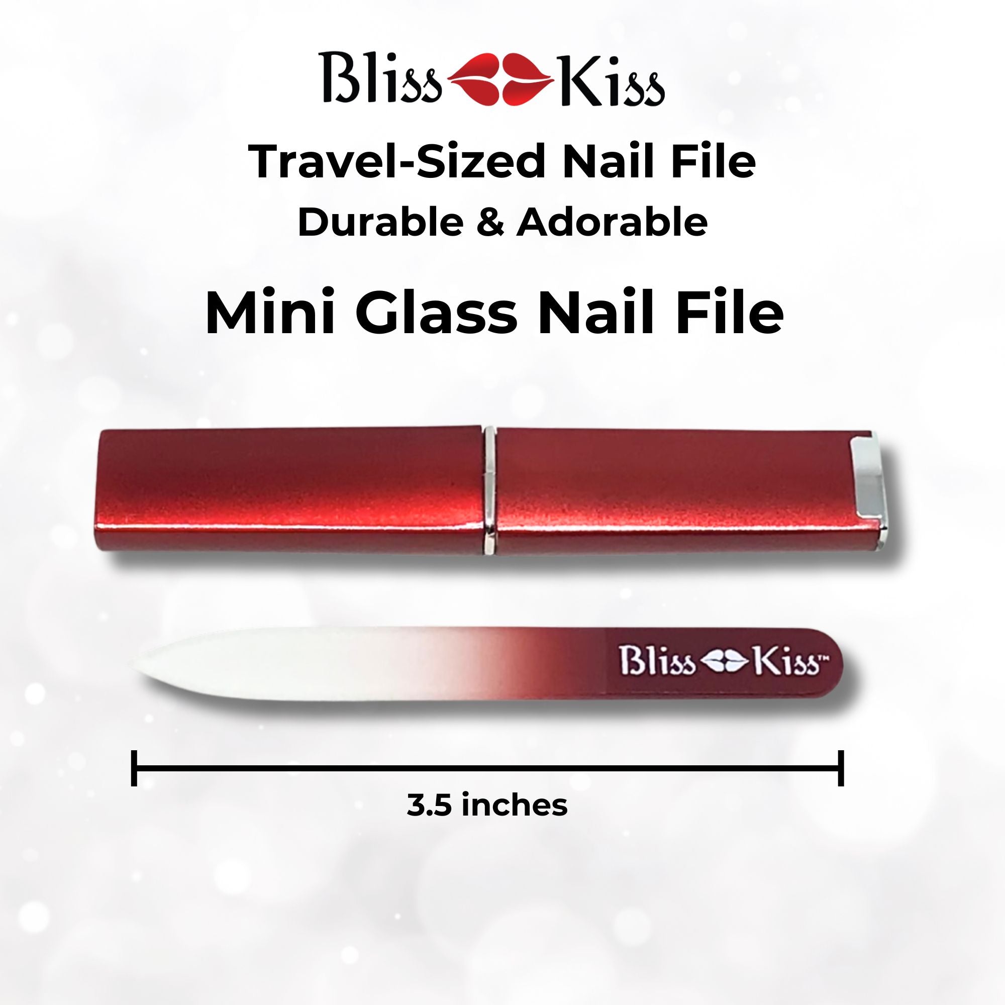Bliss Kiss Travel-Sized Nail File
Durable and Adorable
Mini Glass Nail File
image shows a 3.5 red Bliss Kiss nano nail file.Nail file for Natural Nails. Crystal.