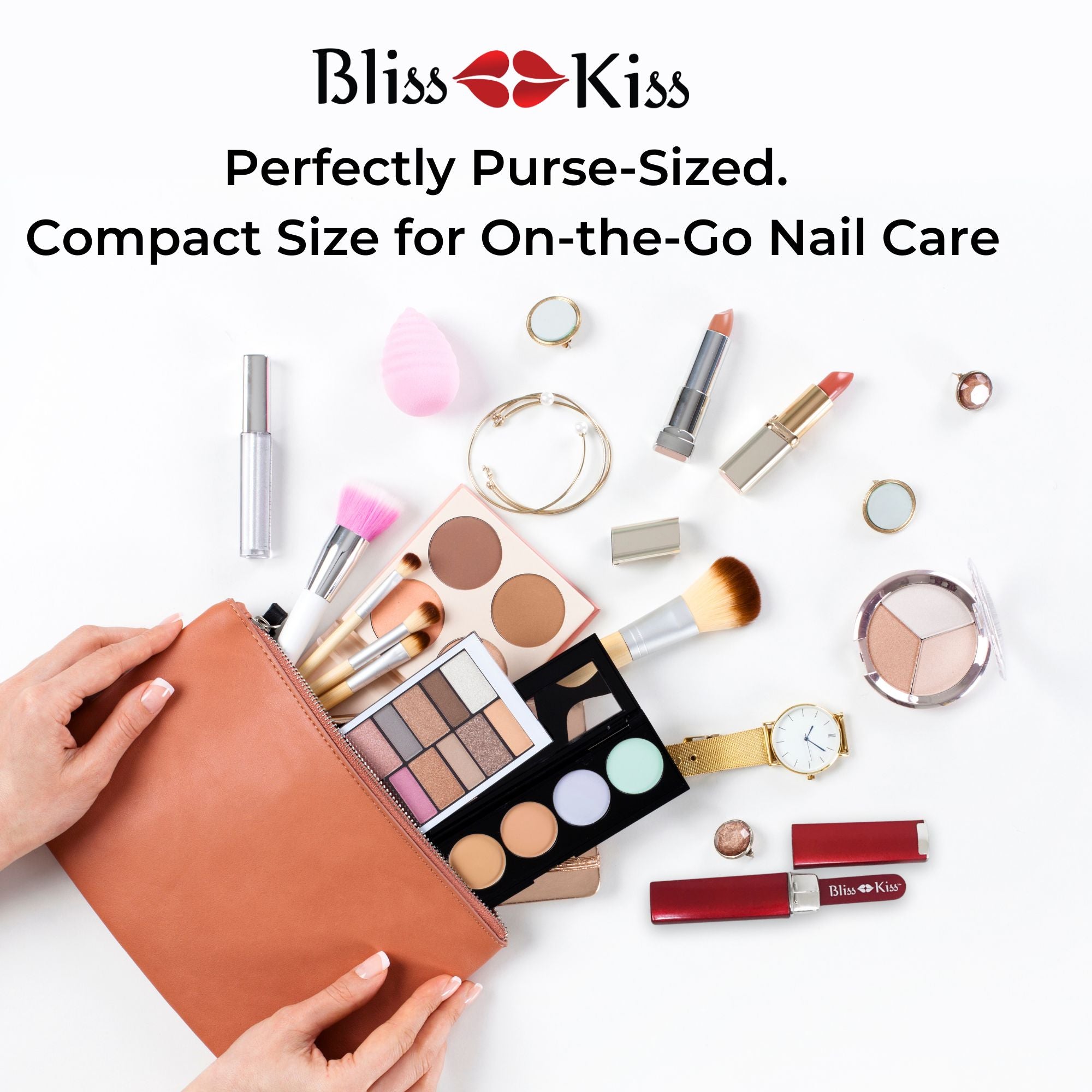 Bliss Kiss Perfectly Purse- Sized
Compact Sized for On-the-Go nail Care
Below the text is an image of a woman emptying out a makeup bag. eyeshadow pallets, lipstick, and accessories spilling out. Bliss kiss nail file easily fitting inside of the bag.