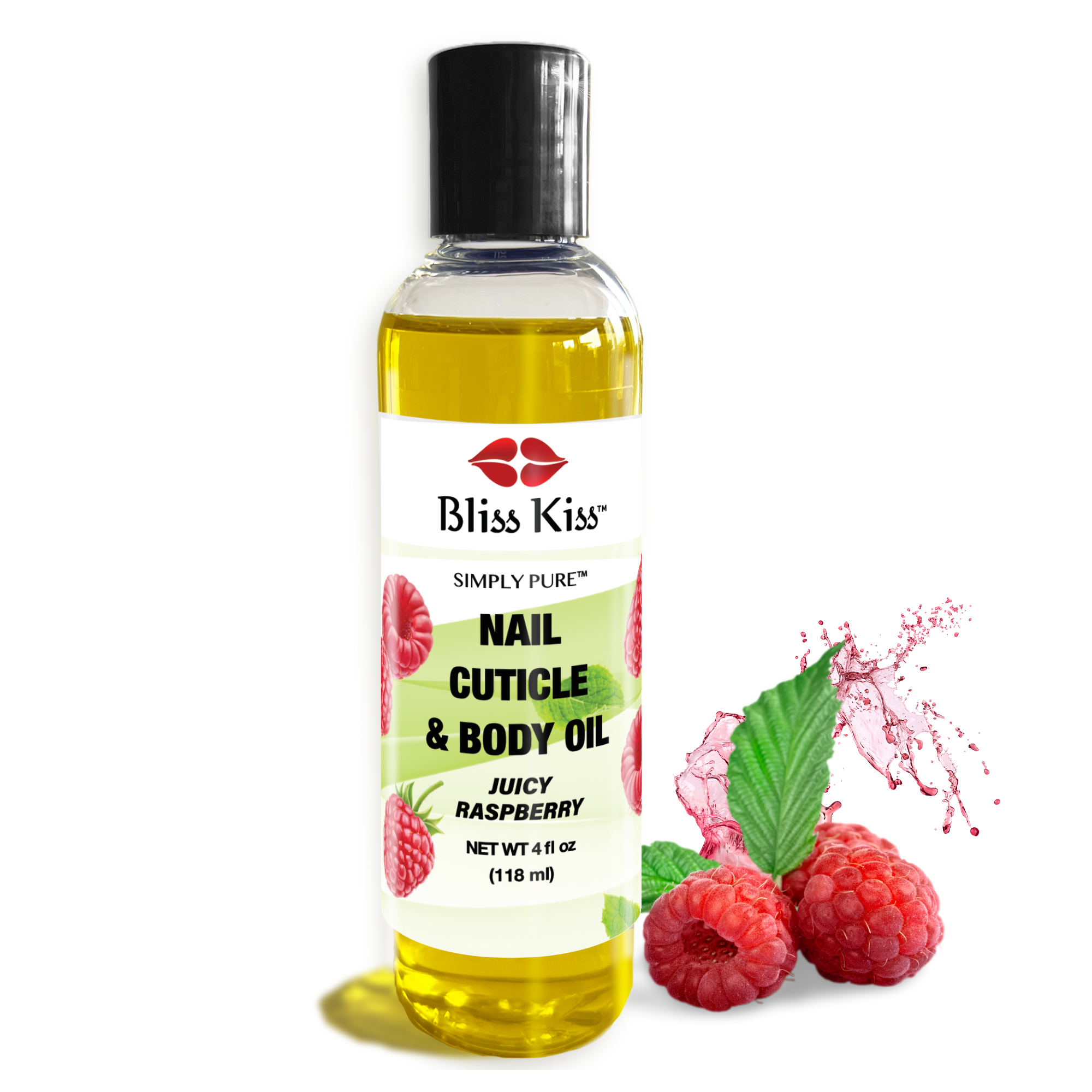 Image shows a bottle of:
Bliss kiss simply pure Nail Cuticle and Body Oil. in the scent Juicy Raspberry. 
Behind the nourishing oil is a bushel of Juicy raspberries bursting with juice. 