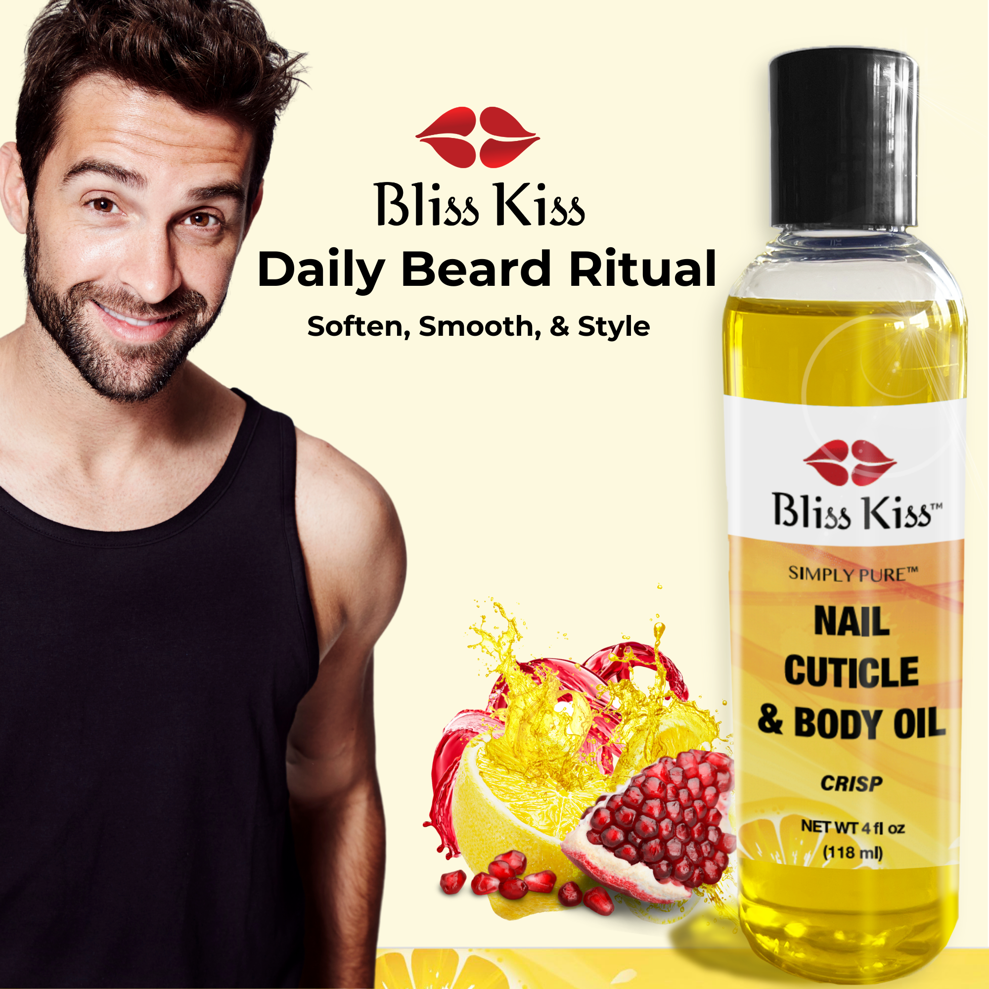 Bliss Kiss Daily Beard Ritual
soften, smooth, and style.
image shows a man with a well groomed beard and a soft smile. hes wearing a brown tank top.
Next to him theirs a bottle of Bliss Kiss simply pure nail cuticle and body oil in the crisp scent.