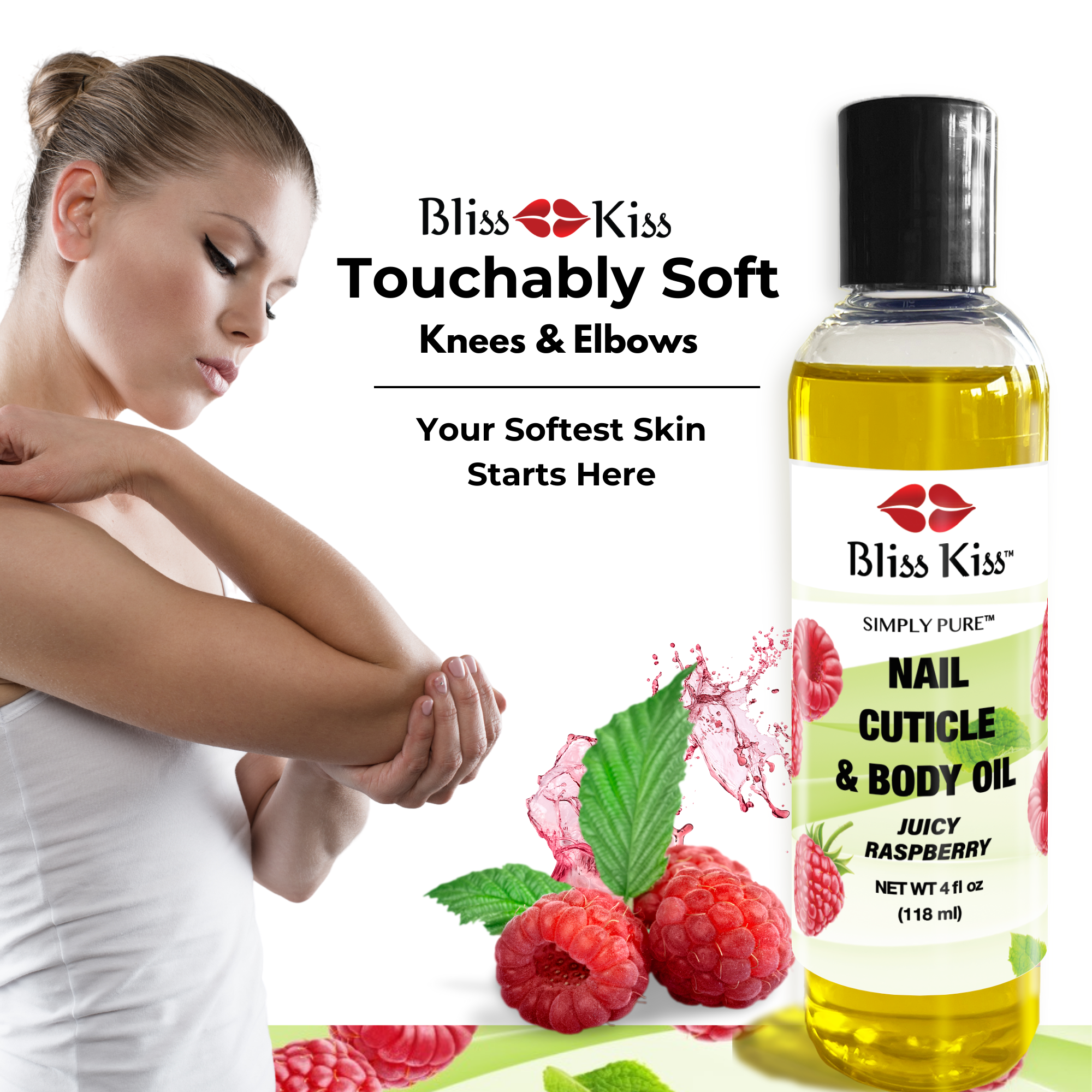 Bliss Kiss touch-ably soft 
Knees and Elbows
Your softest skin starts here.
image shows a woman on the left. she has well nourished and hydrated skin. she's rubbing her elbow.
next to her is a bottle of Bliss Kiss simply pure nail cuticle and body oil. in the juicy raspberry scent.