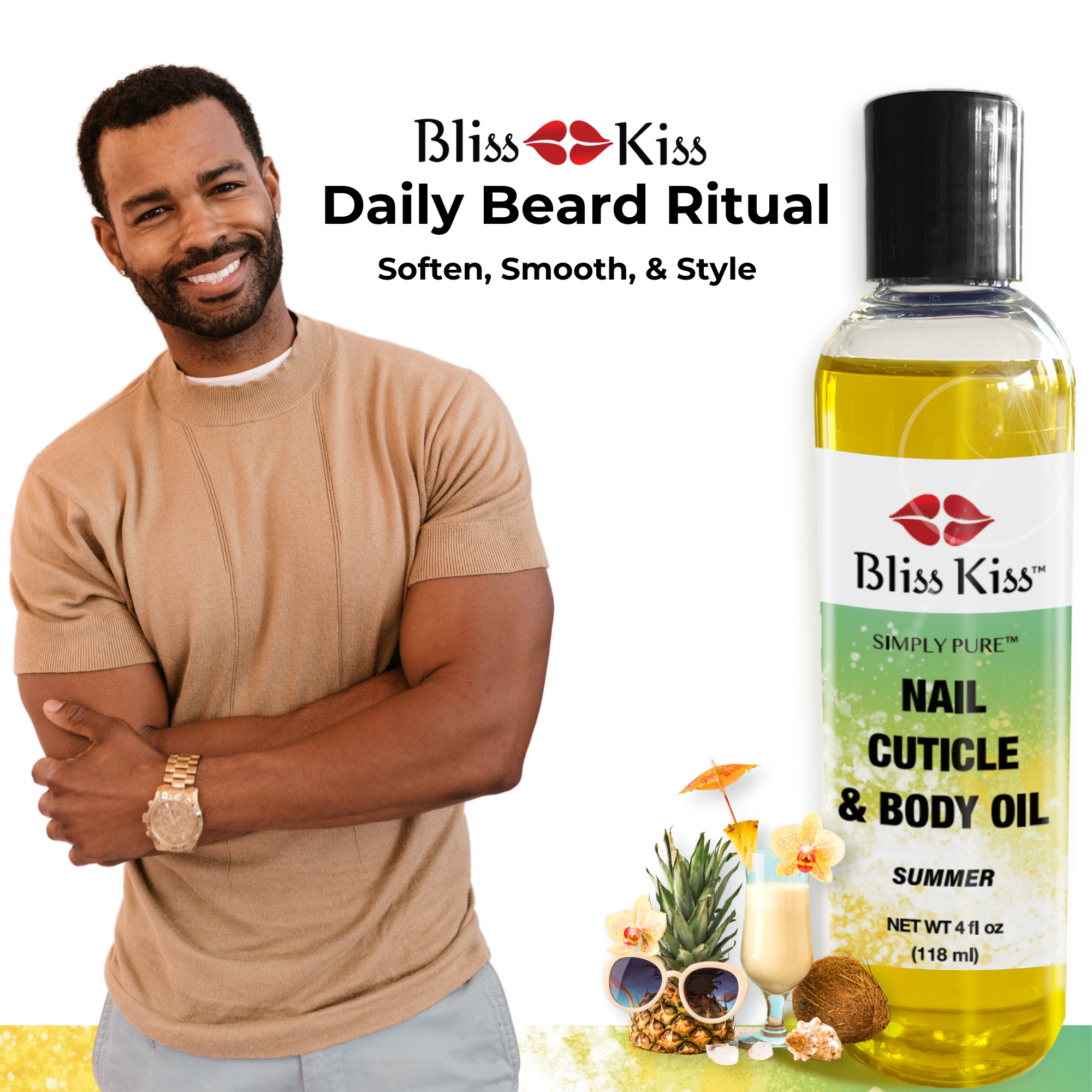 Bliss Kiss Daily Beard Ritual
soften, smooth, and style.
Image shows a man with a kind smile with a soft knit shirt.
Next to the man is a bottle of Bliss Kiss simply pure nail cuticle and body oil. summer scent.