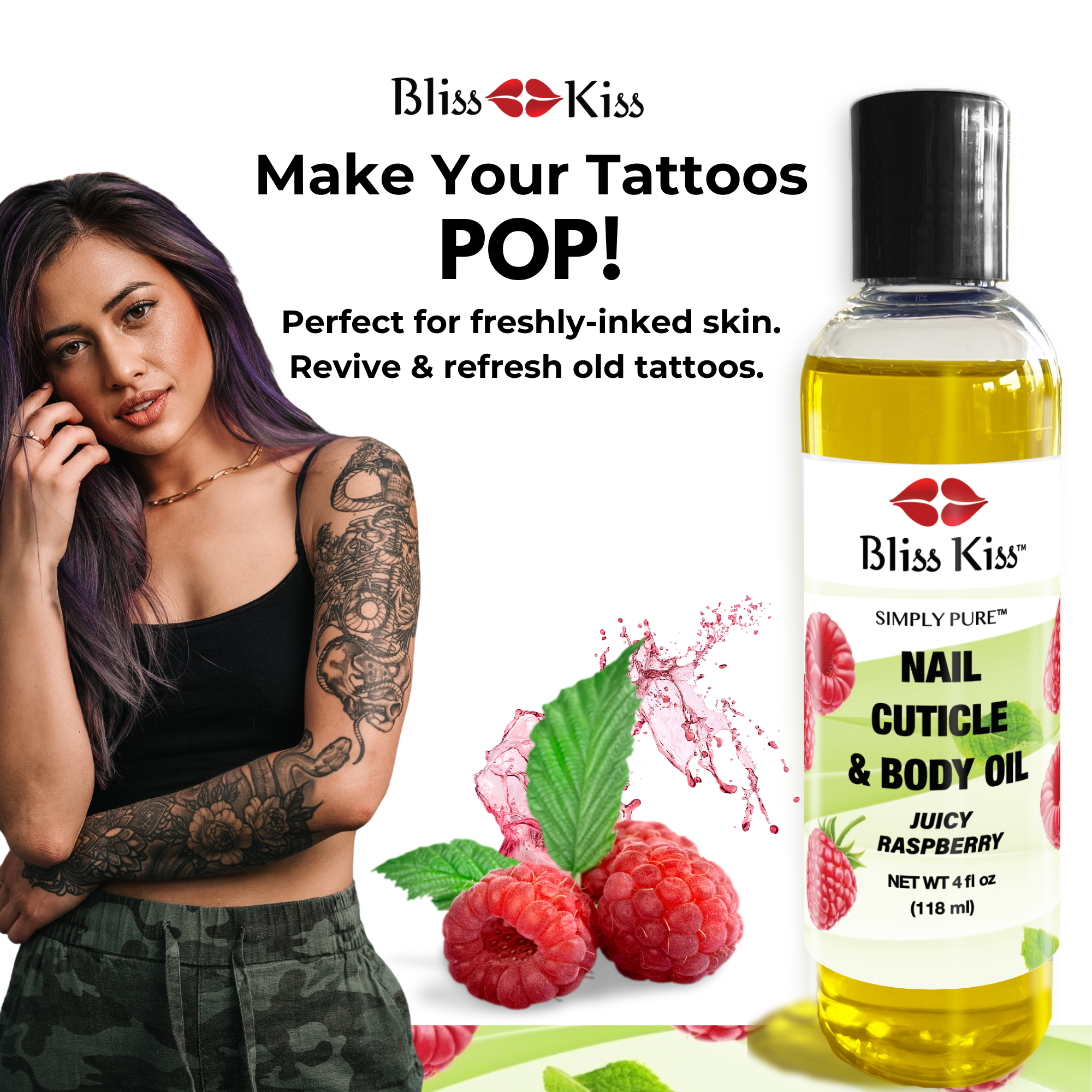 Bliss Kiss
Make your Tattoos POP!
perfect for freshly-inked skin.
Revive and refresh old tattoos.
image on the left shows a woman with purple hair with a mysterious smiling  expression. she has well designed black and gray tattoos on her left arm. 
Bliss Kiss simply pure
Nail cuticle and body oil in the juicy raspberry scent. 