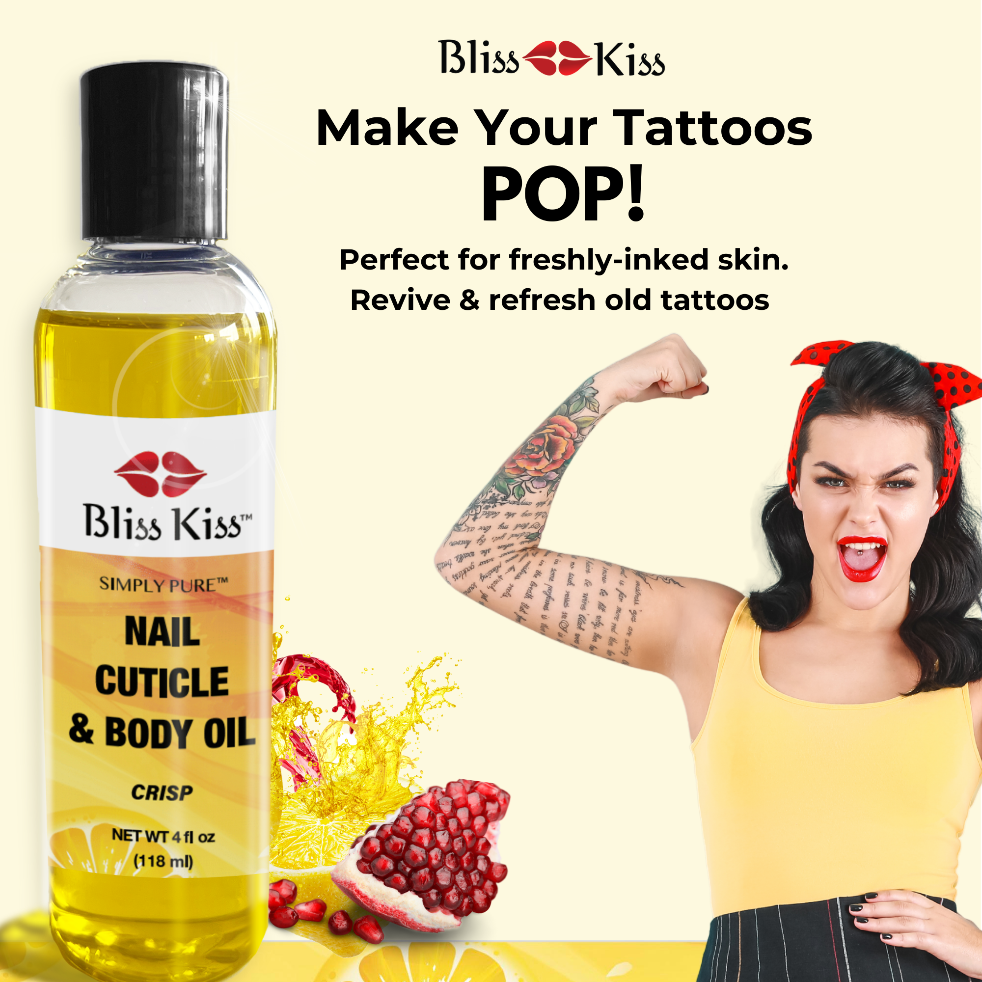 Bliss Kiss Make your tattoos POP!
perfect for freshly inked skin.
Revive and refresh old tattoos. 
image shows a woman in the "Rosie the riveter" pose with a red and black polka dot headscarf. she cheering and showing her arm sleeve of tattoos. including a color tattoo of a rose. 
next to her is a bottle of Bliss Kiss nail cuticle and body oil in the crisp scent. 