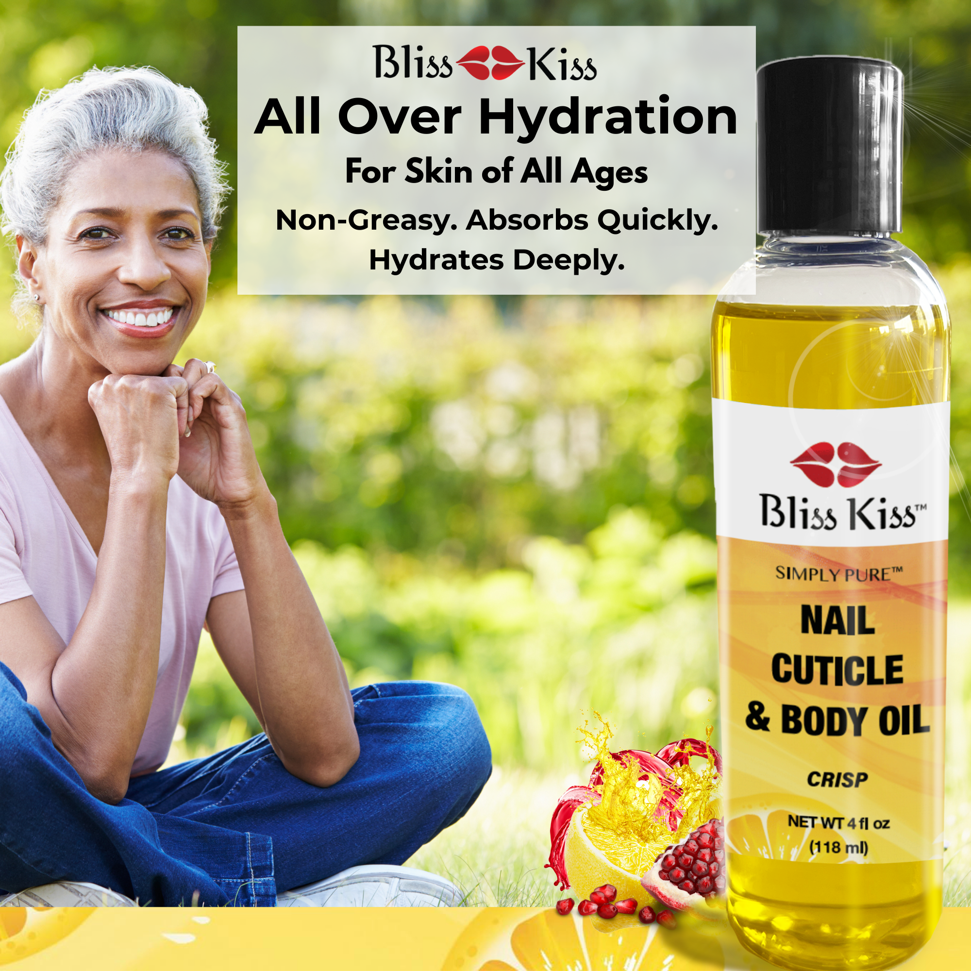 BlissKiss all over hydration for skil of all ages.
non- greasy. absorbs quickly. hydrates deeply.
Image shows a woman who happily sits in a grassy field. shown is a large bottle of Bliss Kiss simply pure nail cuticle and body oil in a crisp scent. 