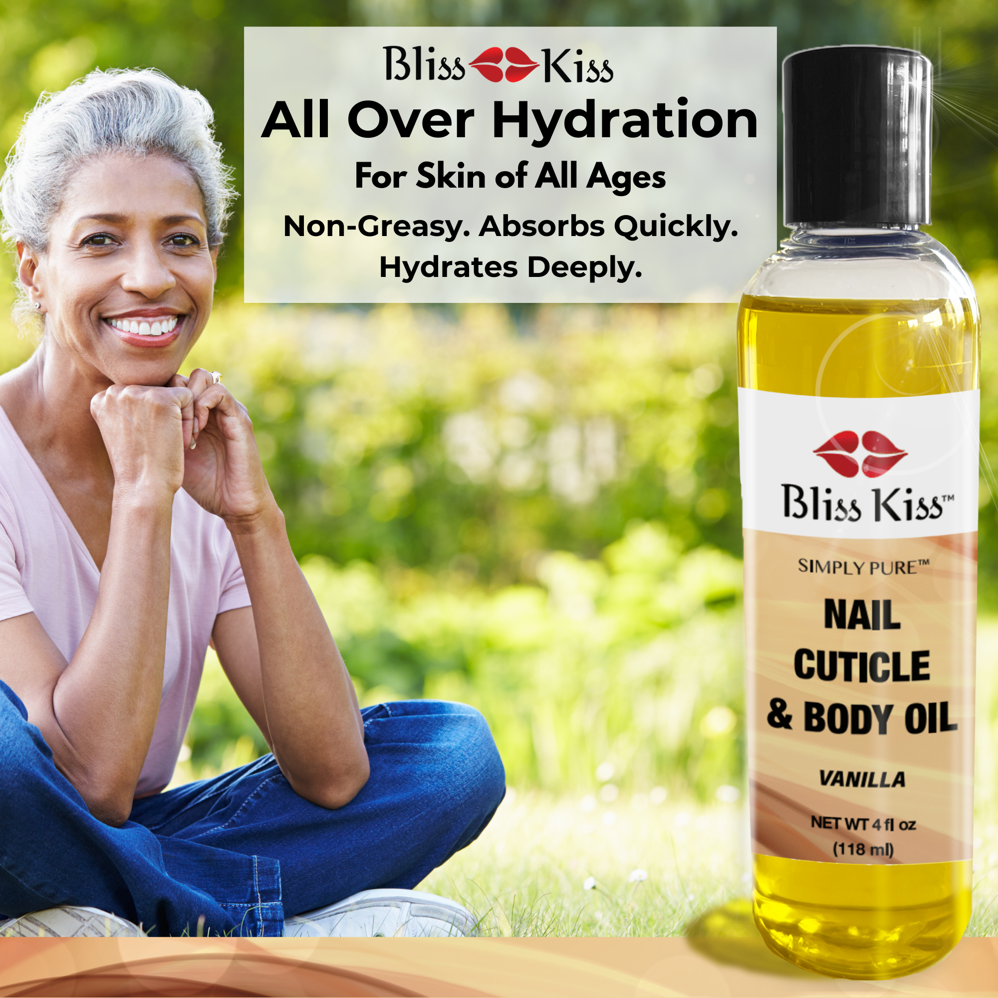 BlissKiss all over hydration for skil of all ages.
non- greasy. absorbs quickly. hydrates deeply.
Image shows a woman who happily sits in a grassy field. shown is a large bottle of Bliss Kiss simply pure nail cuticle and body oil in a vanilla scent.