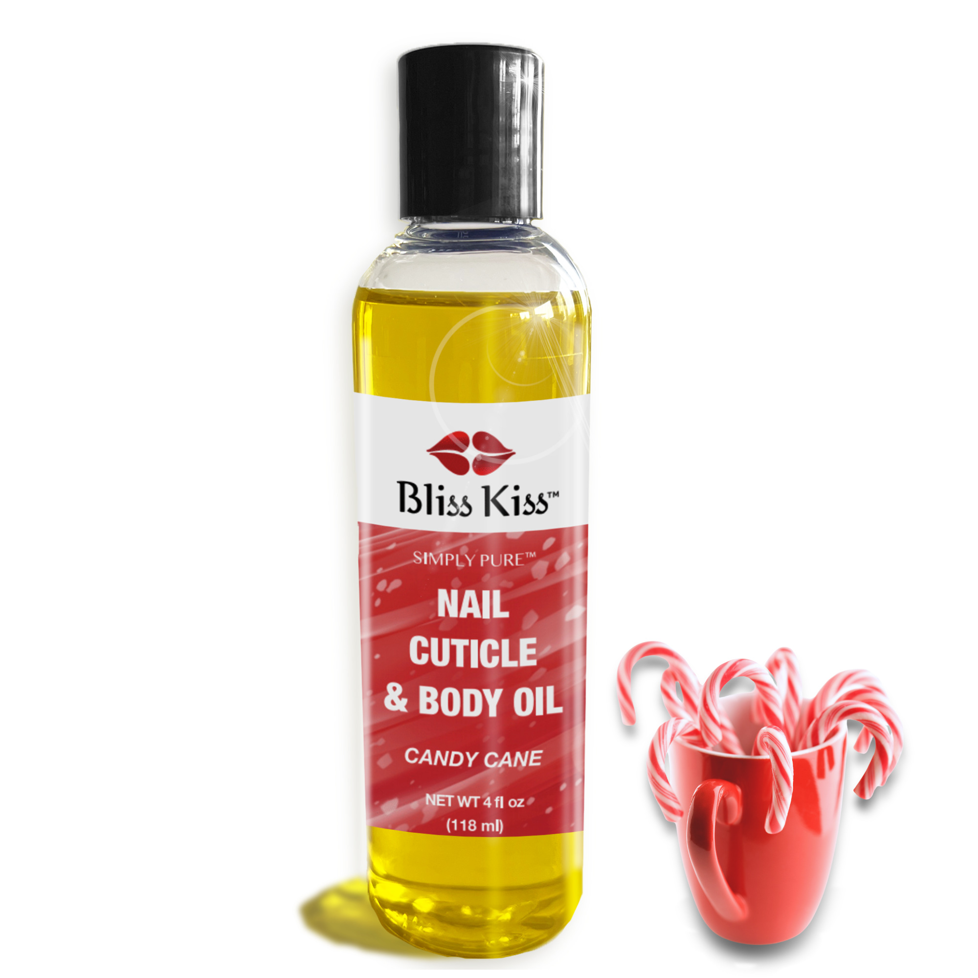 Image is a bottle of Bliss Kiss simply pure Nail Cuticle and body oil
in the scent candy cane. Next to the nourishing nail oil is a red mug containing red and white candy canes. 