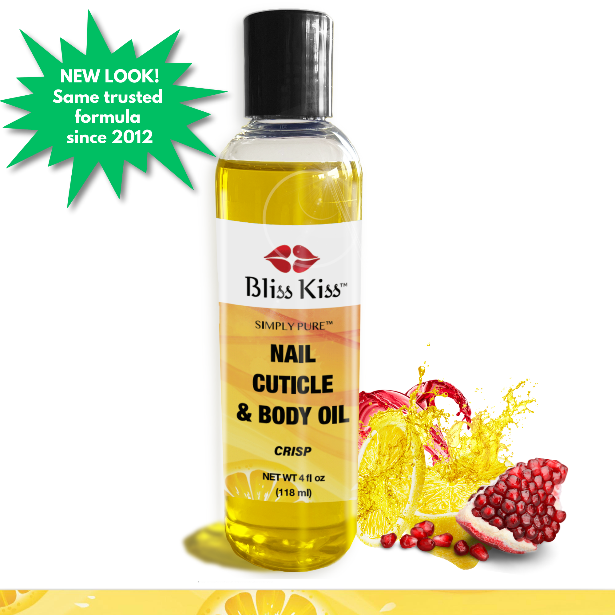 NEW LOOK! Same trusted formula since 2012.
Image shows a bottle of Bliss Kiss simply pure nail cuticle and body oil in the crisp scent
4 fl oz (118 ml) 
behind the bottle shows a freshly squeezed pomegranate half and a sliced lemon.