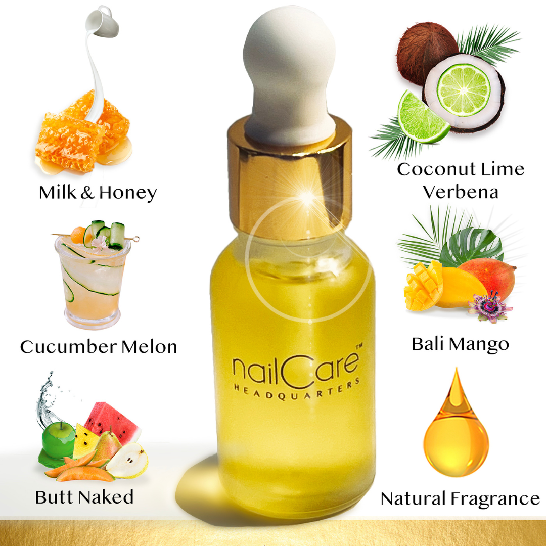 Image shows a Bliss kiss headquarters nail dropper. 
surrounded are images and text of:
-Milk and honey comb
-Cucumber melon in a frozen drink
-Bali mango with sliced mango 
-Coconut Lime Verbena combined 
- Natural fragrance

lastly an image of mixed fruit with the label "butt Naked" 
