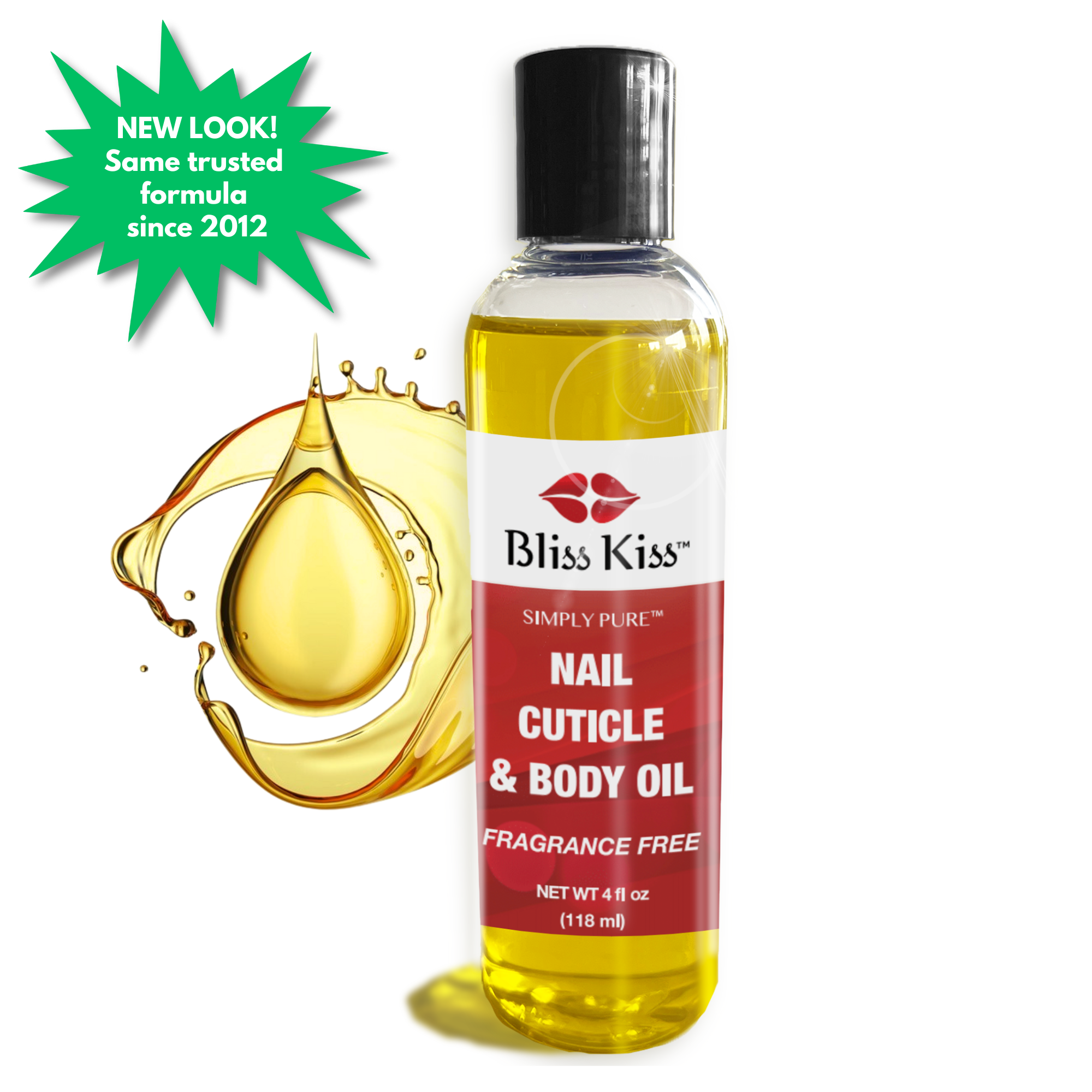 Image shows a 4 fluid ounce of Bliss kiss simply pure Nail, Cuticle and body oil. Fragrance Free. 
A text bubble shows " NEW LOOK! same trusted formula since 2012" behind the bottle is a hydrating splash of fragrance free oil. 