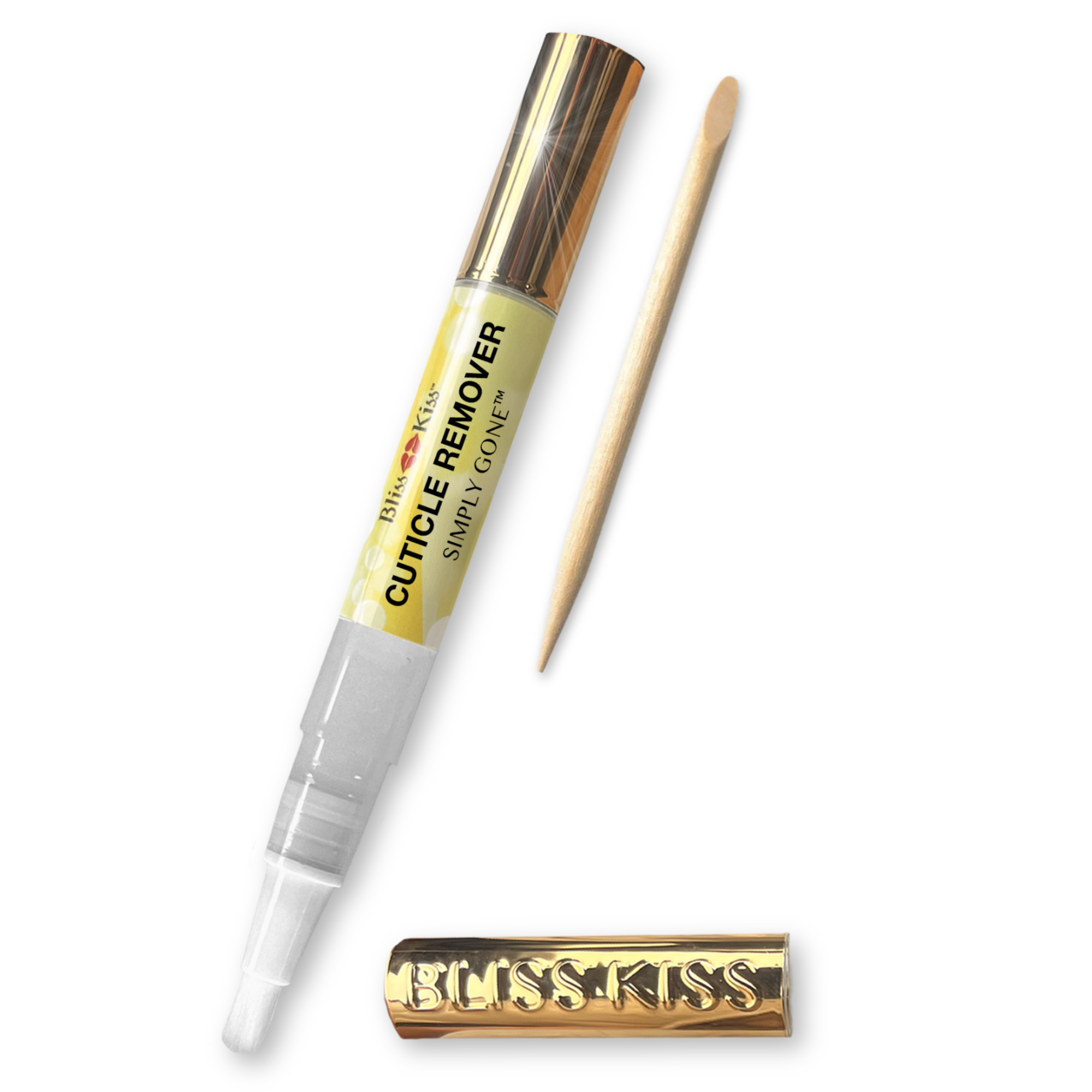 Bliss Kiss Cuticle remover Simply gone with a wooden cuticle pusher. 