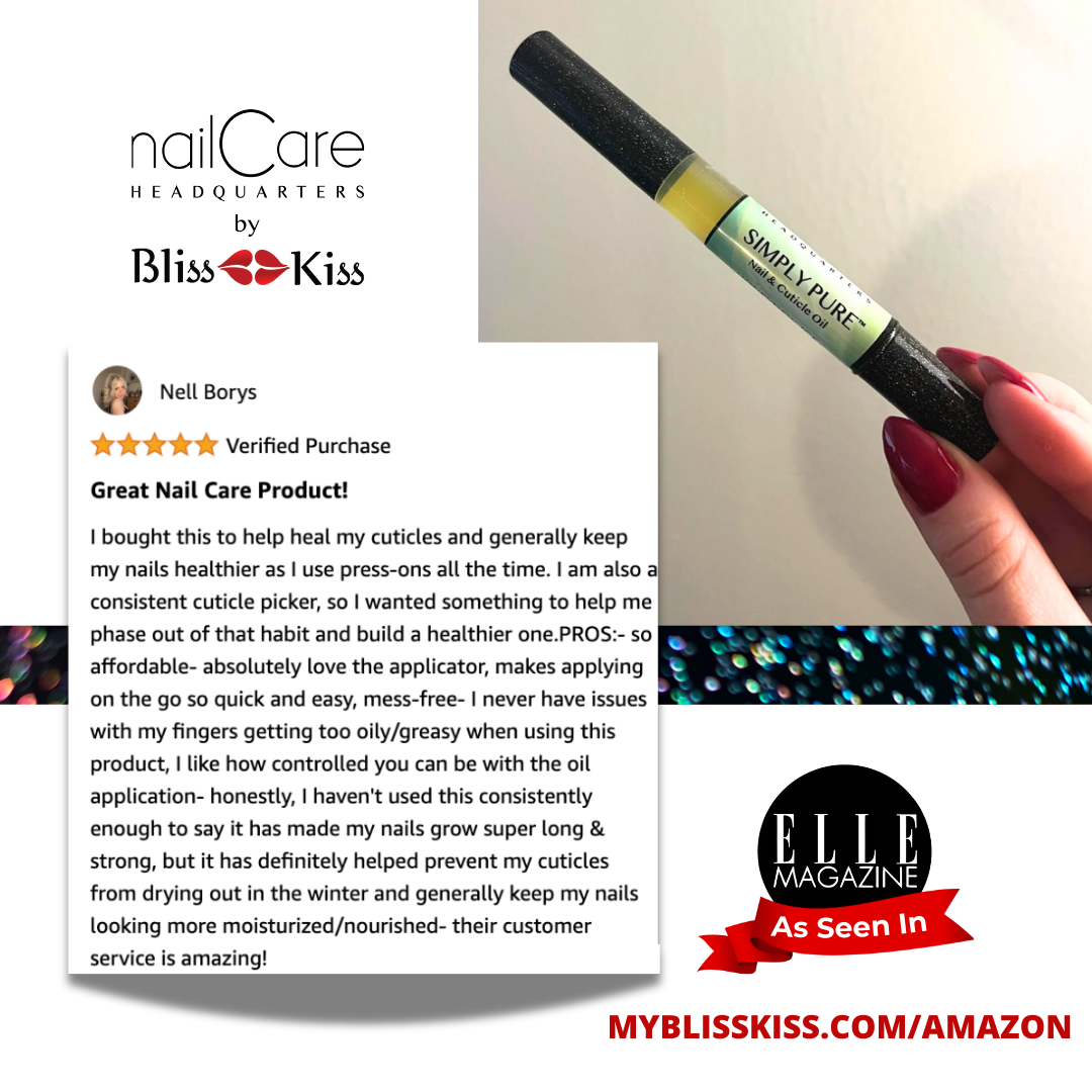 Nail Care Headquarters by Bliss Kiss
An image shows a well manicured set of red painted nails holding a simply pure cuticle oil pen.
A photo of a review reads. 
Nell Borys
"GREAT NAIL CARE PRODUCT! I bought this to help heal my cuticles and generally keep my nails healthier as I use press-ons all the time. I am also a consistent cuticle picker, so I wanted something to help me phase out of that habit, and build a healthier one. Pros: - so affordable- absolutely love the applicator, makes applying on the go-