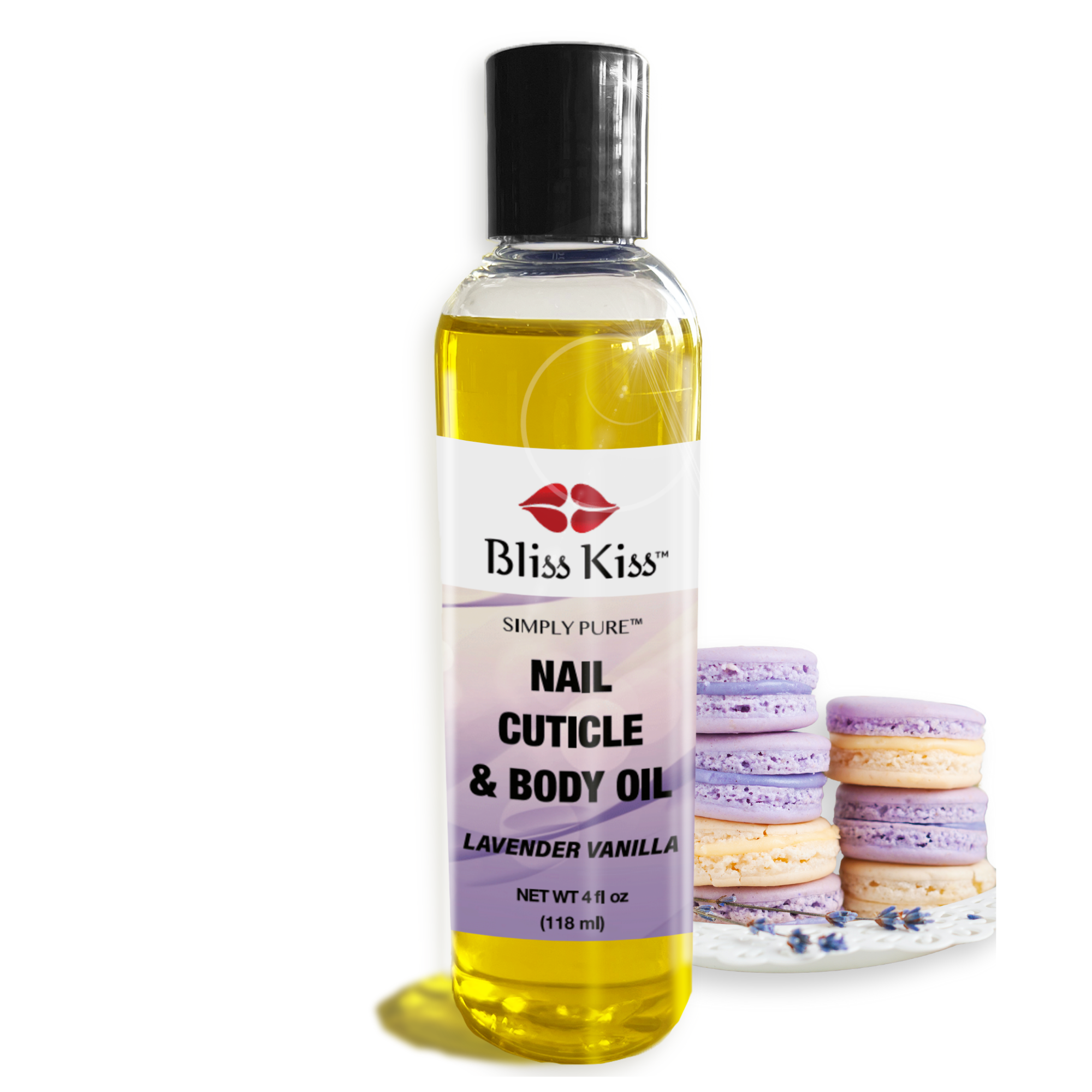 Image shows a bottle of Bliss Kiss nail cuticle and body oil in the lavender vanilla scent. Behind the bottle is a double stack of tasty and freshly baked macaroon cookies. beside is a sprig of lavender. 
Nourishing and hydrating formula. 