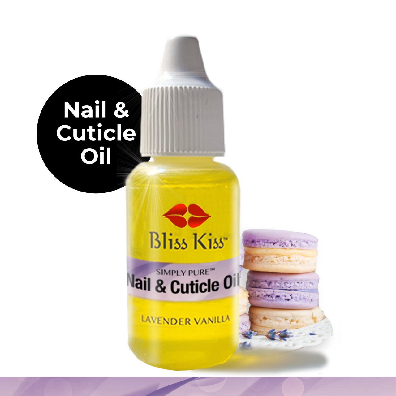 A bottle of Bliss Kiss Simply Pure Hydrating Oil for nails and cuticles with a lavender vanilla scent, accompanied by an image of macaroon cookies. The bottle has a white and yellow label with the product name and a symbol indicating the lavender vanilla fragrance.