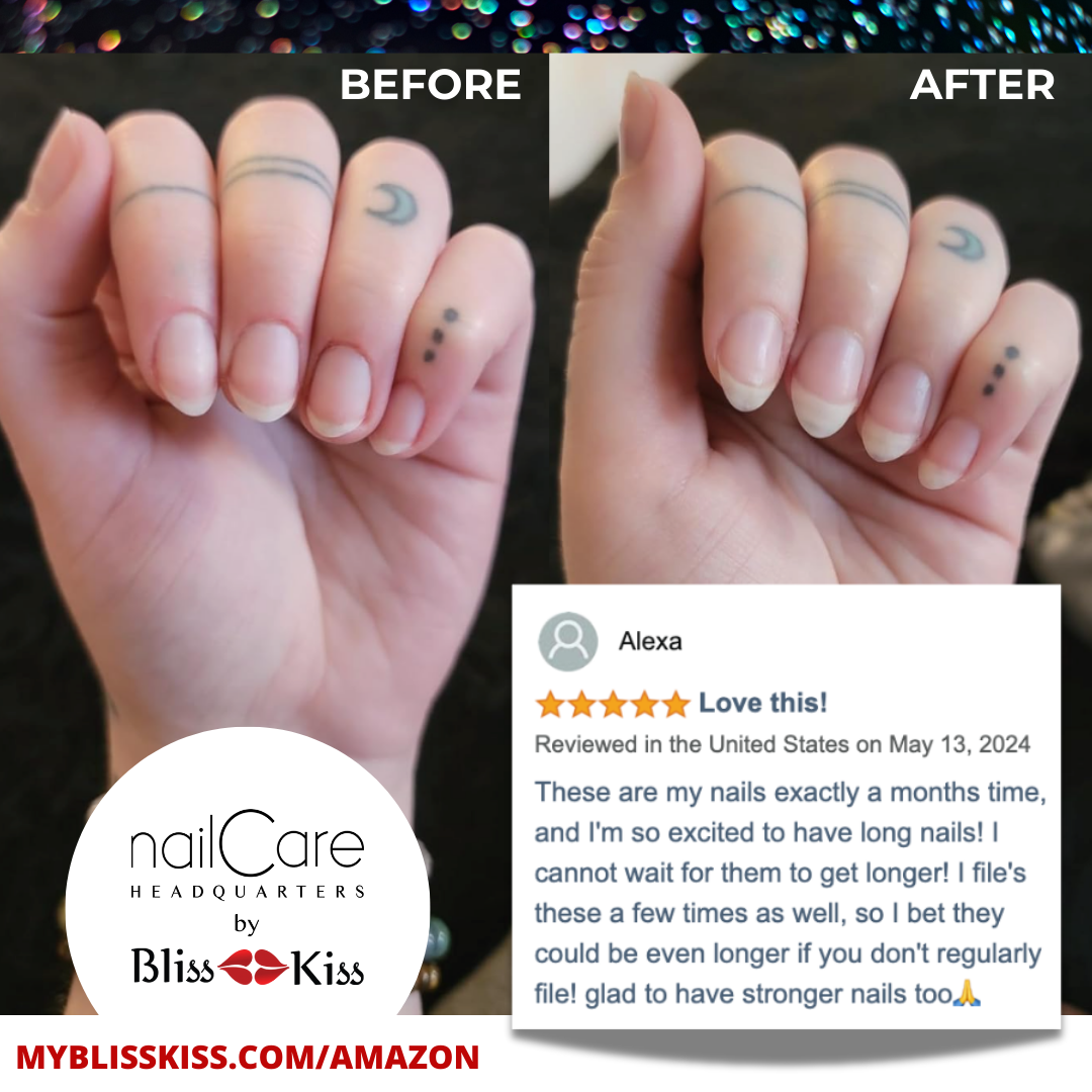 image shows two photos of lovely nails on a manicured hand. decorative tattoo on the ring finger in both images. They show a before and after of significant nail growth. 
The amazon review reads
Alexa
" LOVE THIS!
These are my nails exactly a months time, and Im so excited to have long nails! I cannot wait for them to get longer! I file these a few times as well, so I bet they could be even longer if you don't regularly file! glad to have stronger nails too" with a praying hand emoji