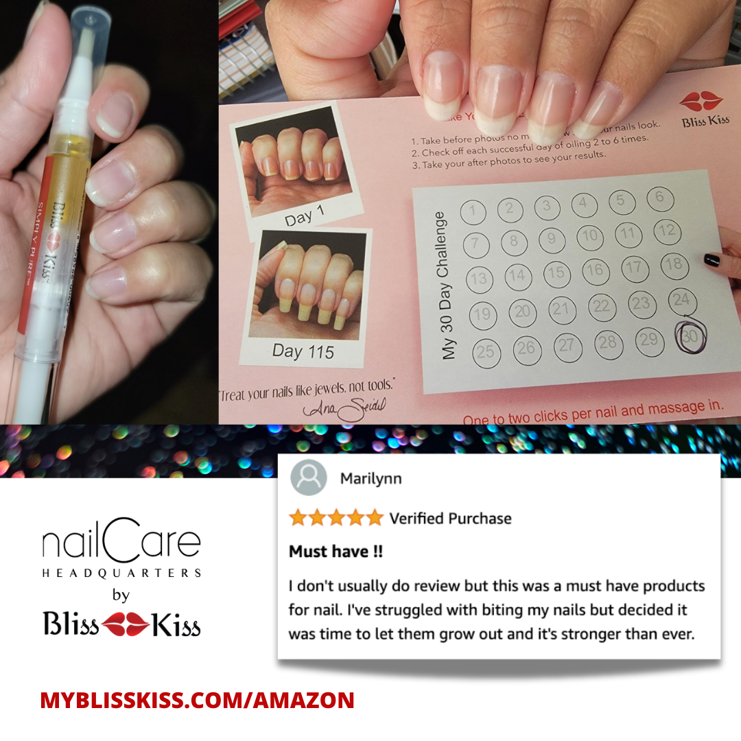 Image shows two photos. one photo of a hand holding a nail oil pen. the other is a well manicured hand holding a bliss kiss calendar card with the last day circled. 

An amazon review image reads: Marilynn: " MUST HAVE!! I don't usually do reviews but this was a must have product for nails. Ive struggled with biting my nails but decided it was time to let them grow out and it's stronger than ever."
MYBLISSKISS.COM/AMAZON
NailCare headquarters by Bliss Kiss