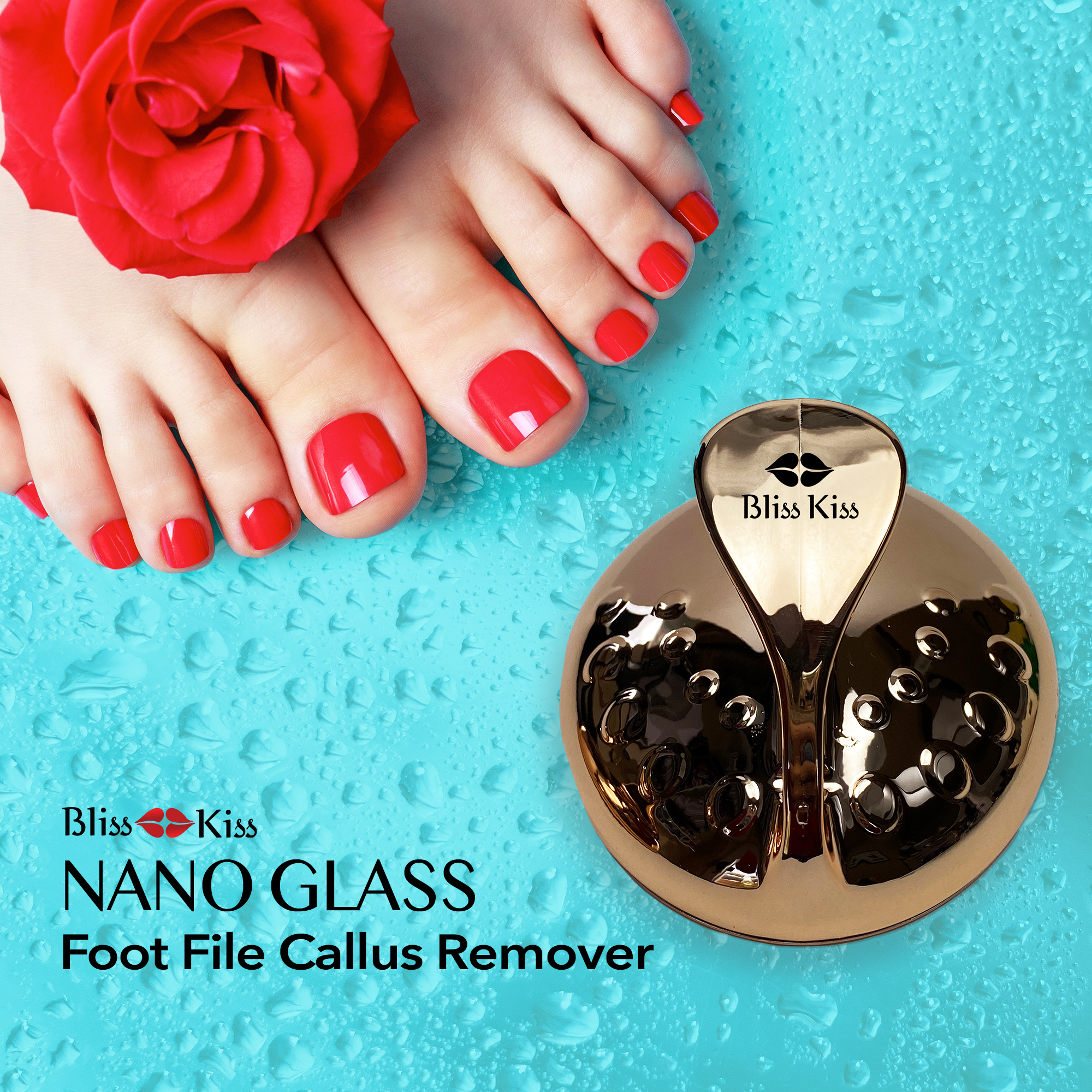 Bliss Kiss Nano Glass Foot File Callus Remover. Image shows a pair of toes with elegant red nail polish. On top of the feet is a bright red flower. Next to the feet is a golden bliss kiss nano glass foot file. The background is a bright teal with water droplets.