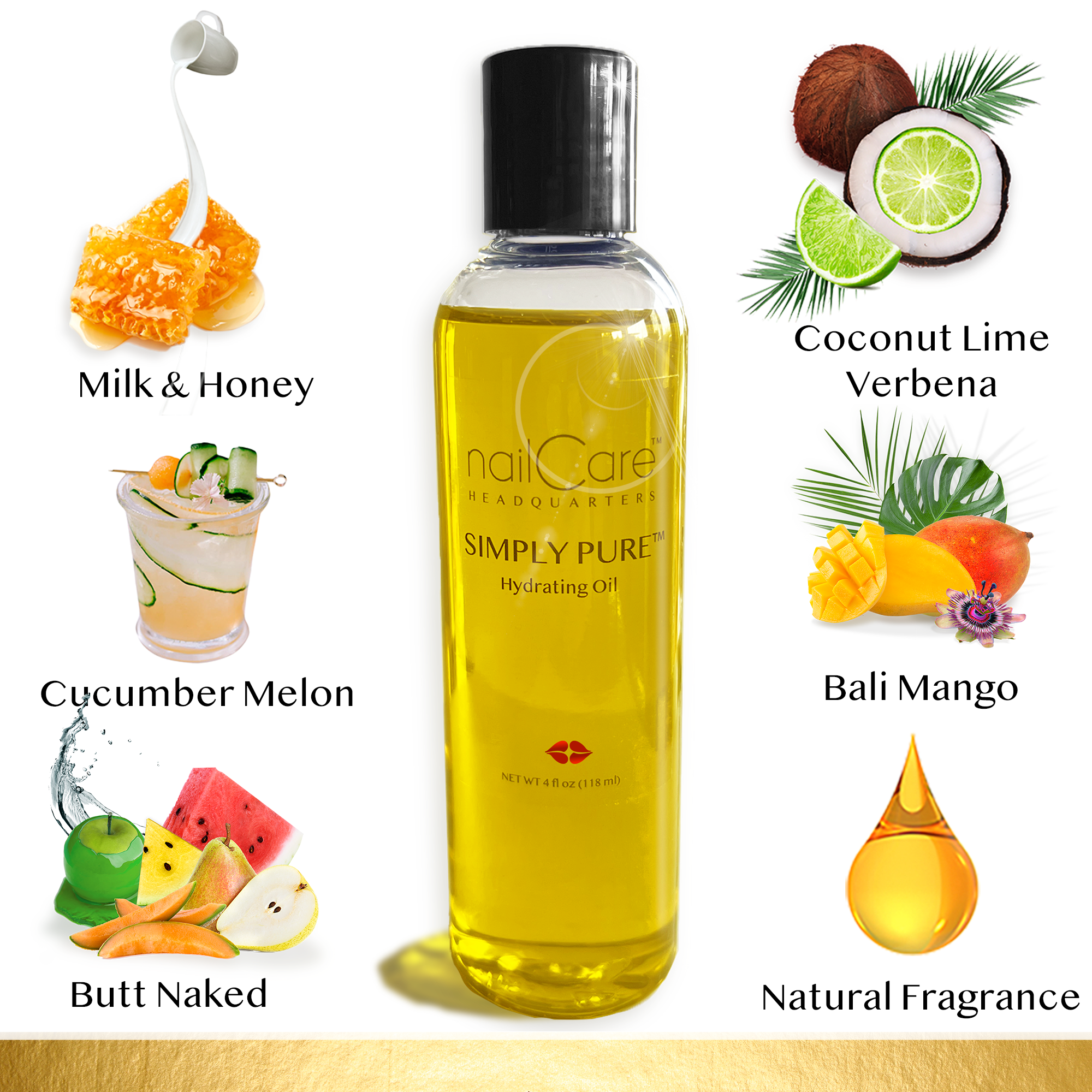 Image shows a simply Bliss kiss headquarters Simply Pure Hydrating Oil bottle. 
surrounded are images and text of:
-Milk and honey comb
-Cucumber melon in a frozen drink
-Bali mango with sliced mango 
-Coconut Lime Verbena combined 
- Natural fragrance

lastly an image of mixed fruit with the label "butt Naked" 