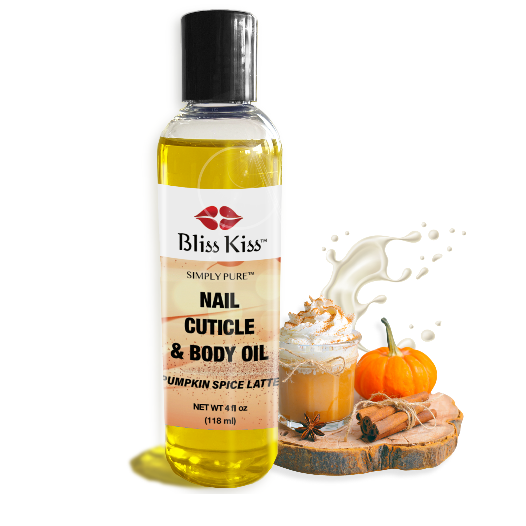 Image shows a 4 fluid ounce bottle of Bliss kiss simply pure Nail Cuticle and body oil. pumpkin spice latte scent. 
behind the nourishing oil is an autumnal arrangement. including a latte, mini pumpkin. and fresh bundle of cinnamon.