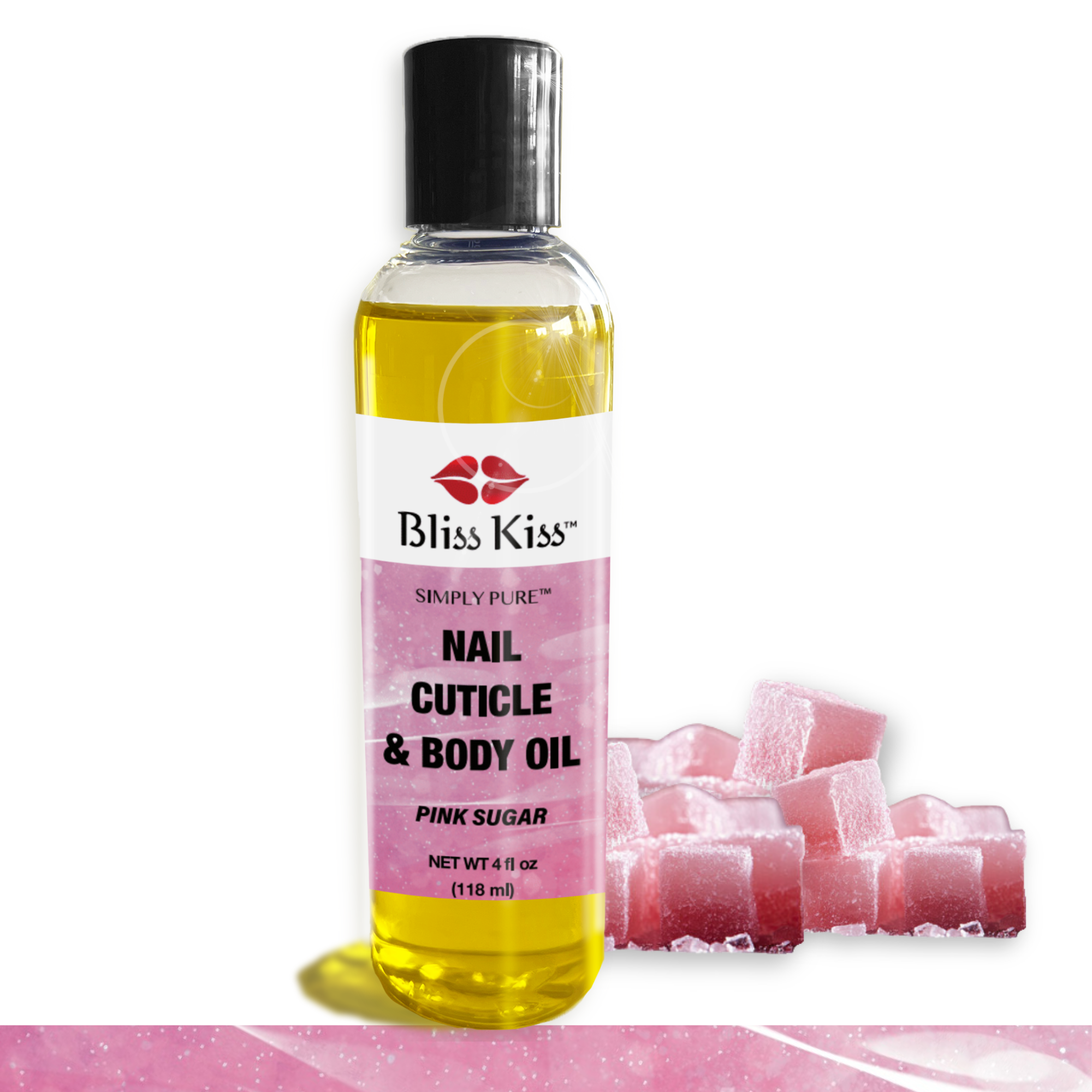 Image shows a bottle of Bliss Kiss simply pure nail cuticle and body oil in the pink sugar scent
4 fl oz (118 ml)
behind the bottle is an arrangement of pink sugar candies. 