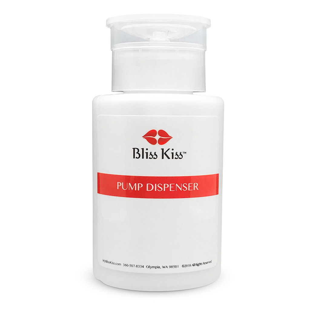 The Bliss Kiss™ Pump Dispenser. Perfect for acetone, alcohol, and Simply Gone™ and Acetone mix! Essential for every nail artist. 100% pure acetone for nail art cleanup. Rubbing alcohol for cleansing your nail plate to remove any oil that will prevent your nail polish from bonding to your nail plate (so your manicure will last longer!).