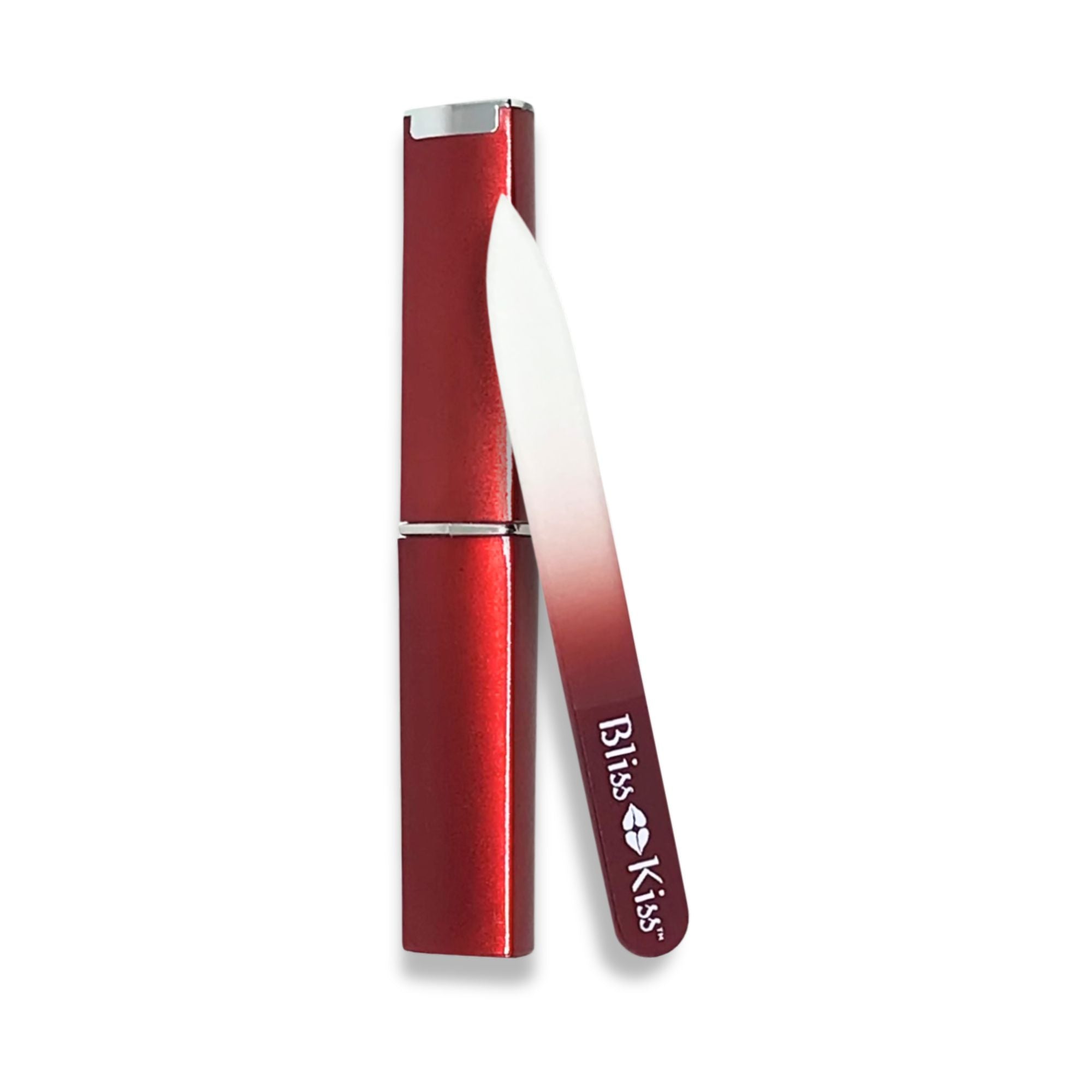 Image shows an upright Bliss kiss red Nail file and case. 