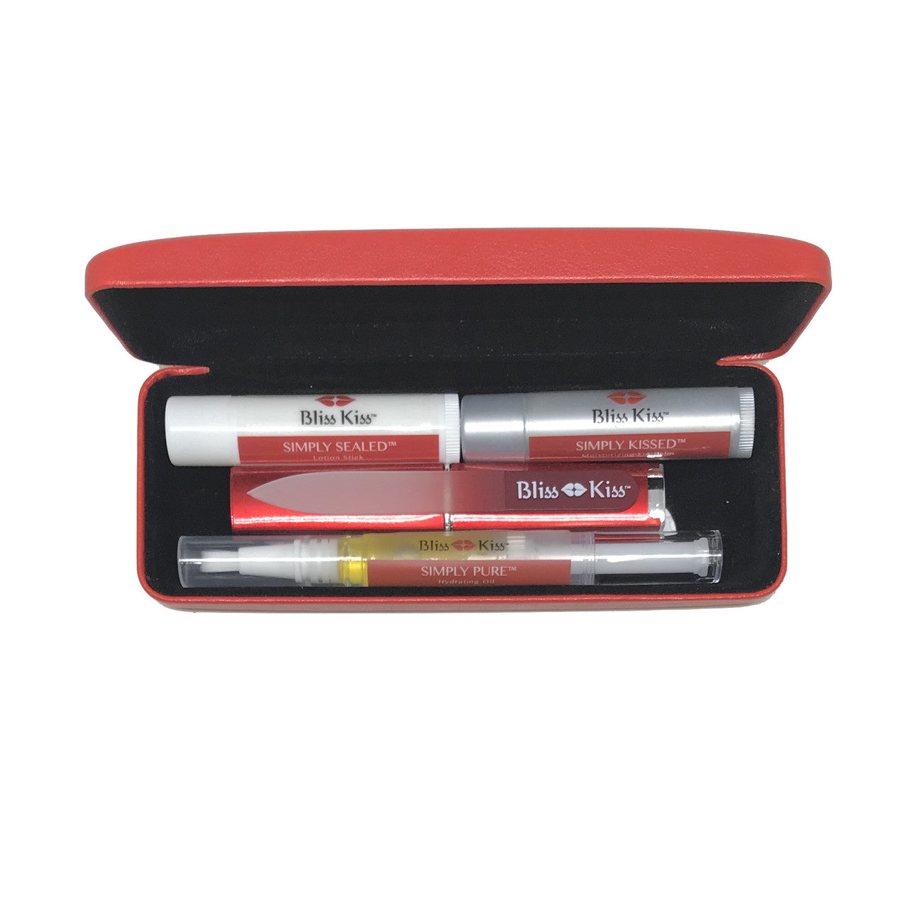 Get or give the gift of Bliss Kiss™ skin care and must-have nail care tools in this travel-sized gift set.