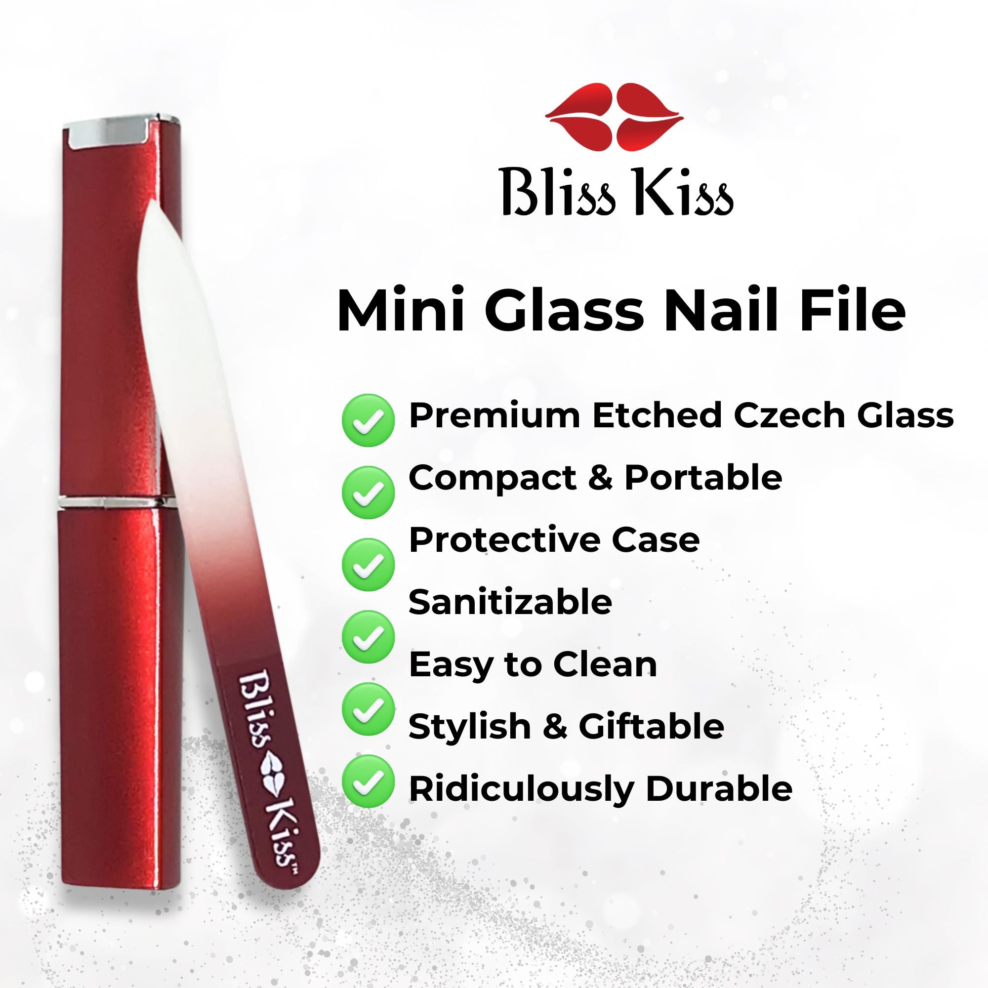 Bliss Kiss
Mini Glass Nail File
-premium Etched Czech Glass
-Compact and portable
-Protective Case
-Sanitizable
-Easy to clean
-Stylish and Gift-able
-Ridiculously Durable

Image depicts beside the text a healing Bliss Kiss red Nail file bullet.